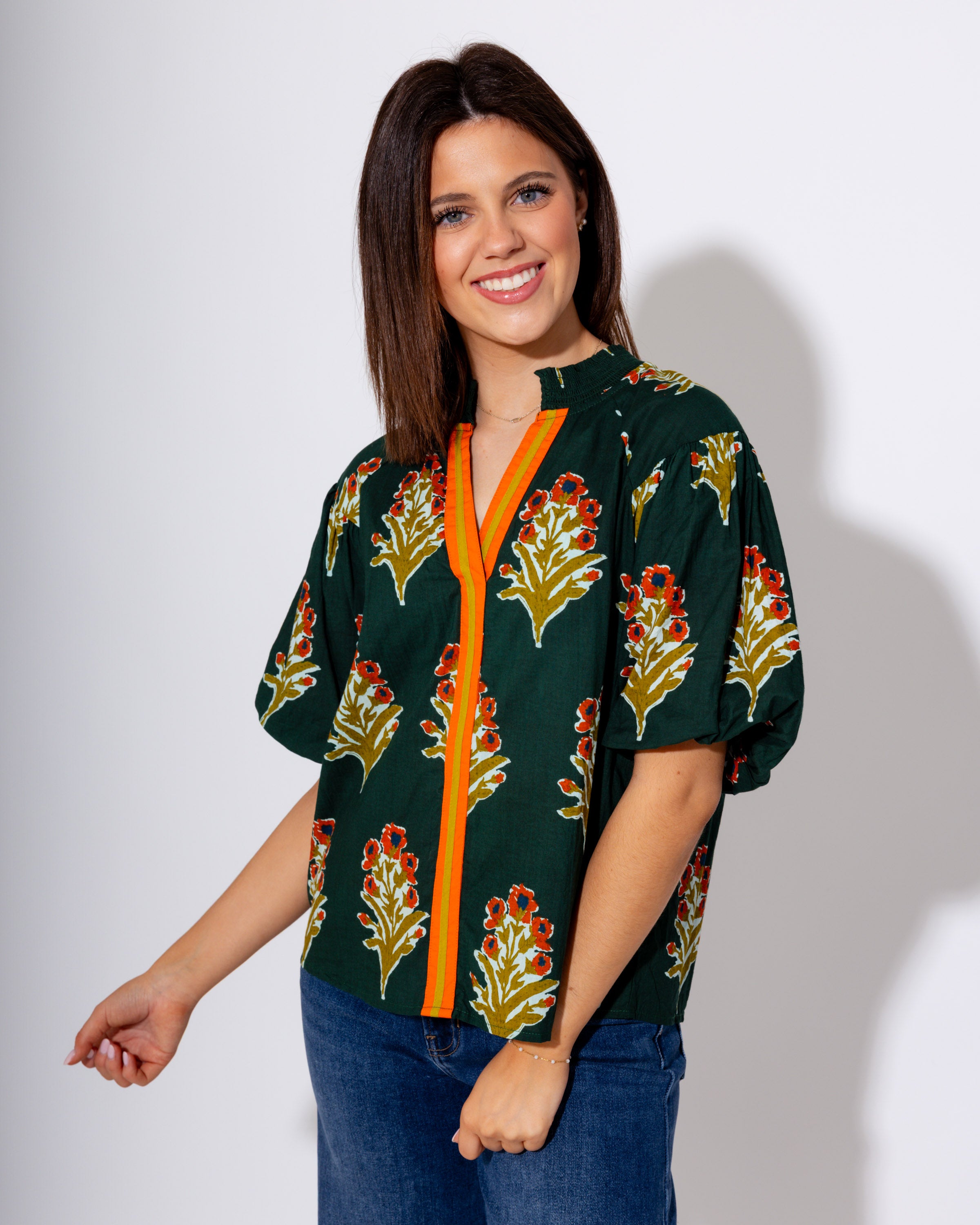 Green Puff Sleeve Floral Top