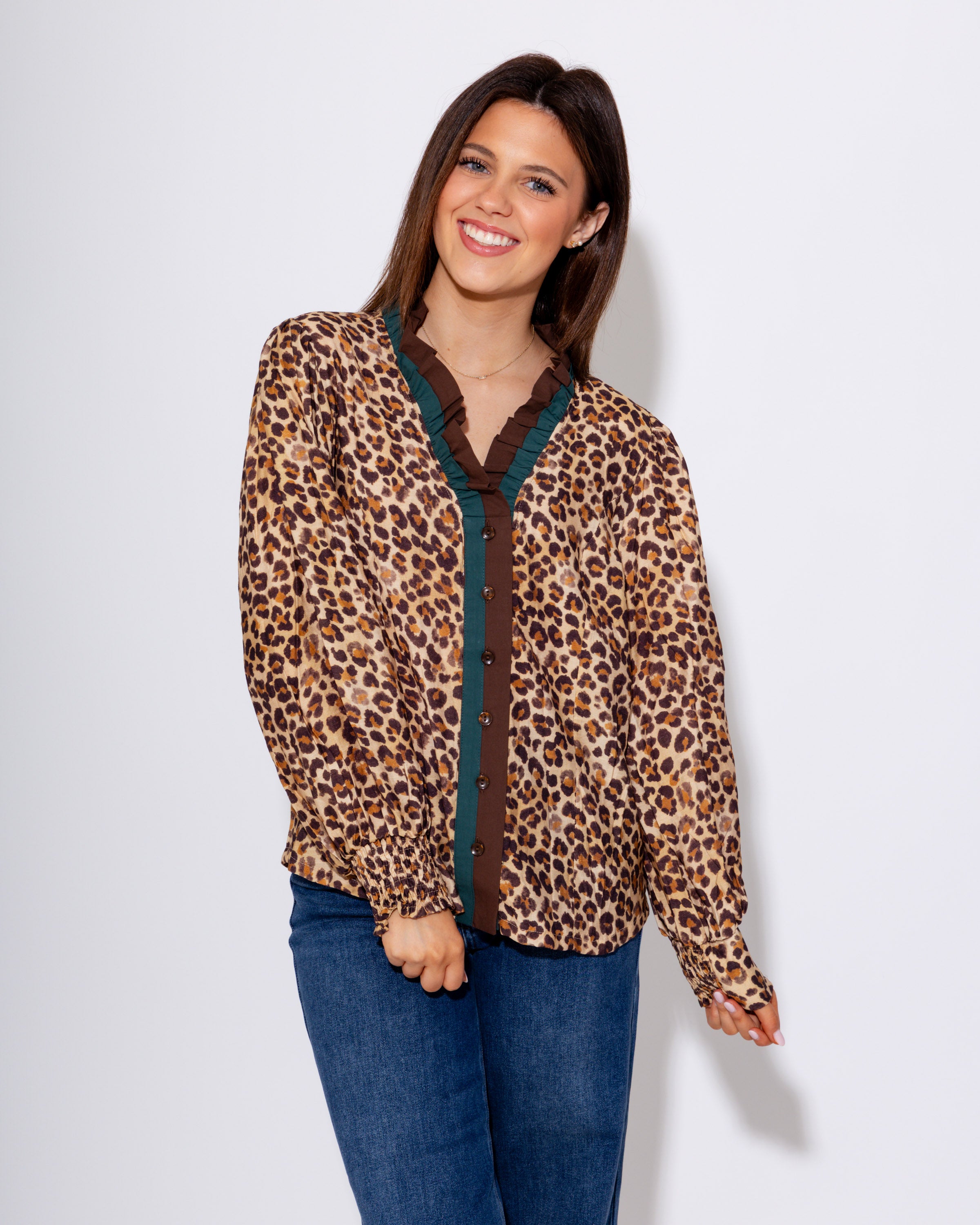 Contrast Placket Leopard Blouse