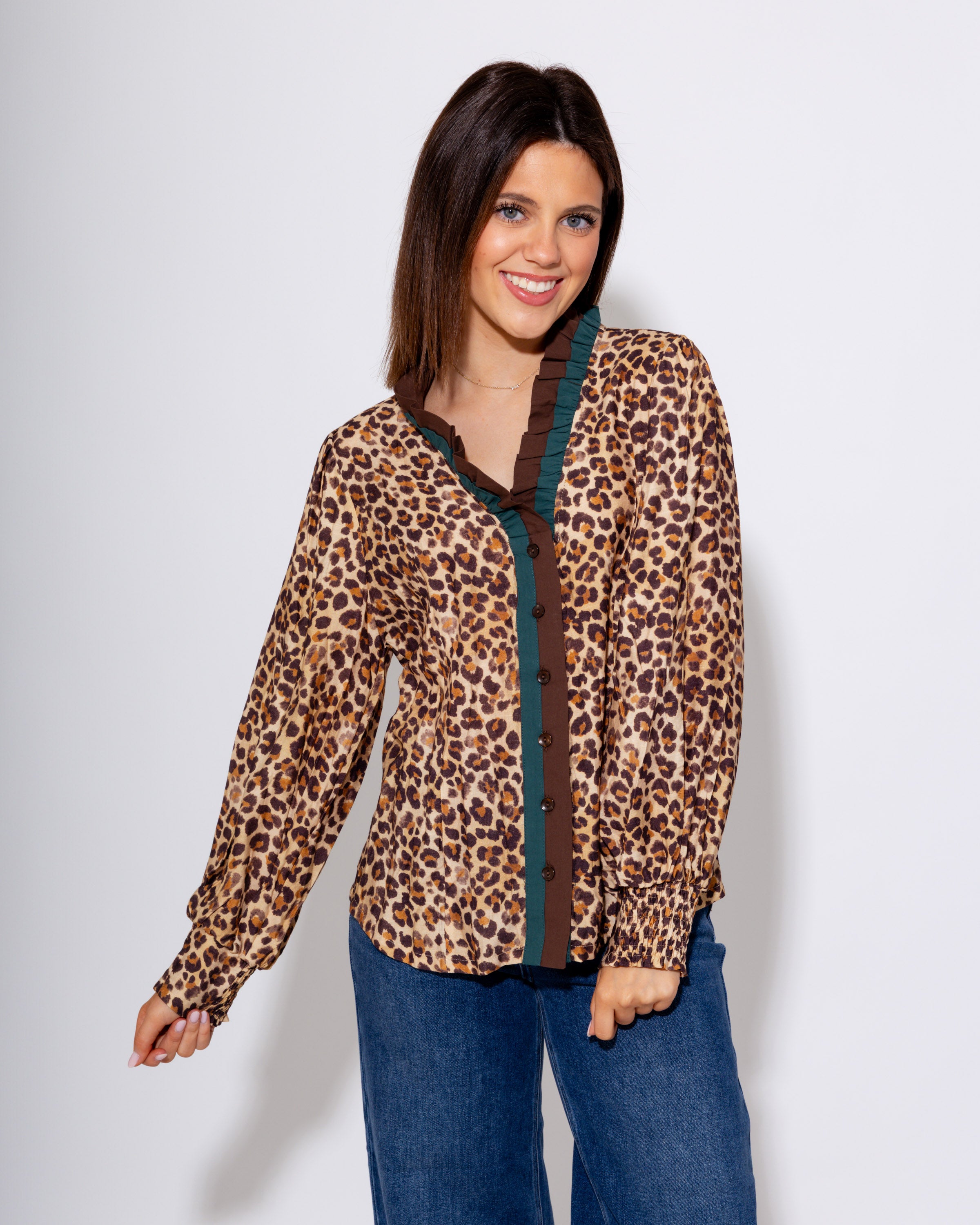 Contrast Placket Leopard Blouse