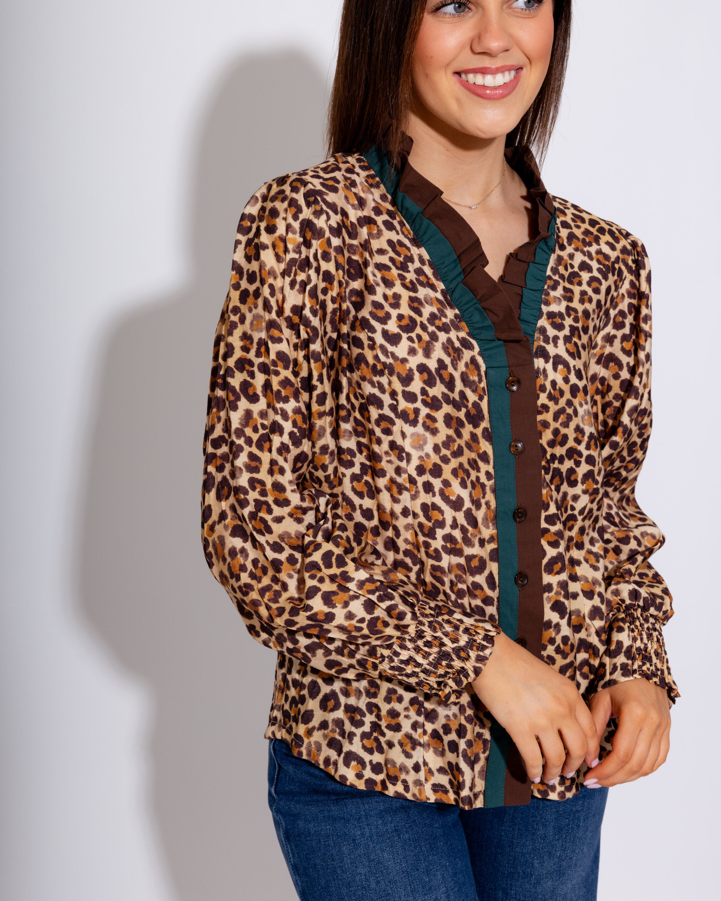Contrast Placket Leopard Blouse