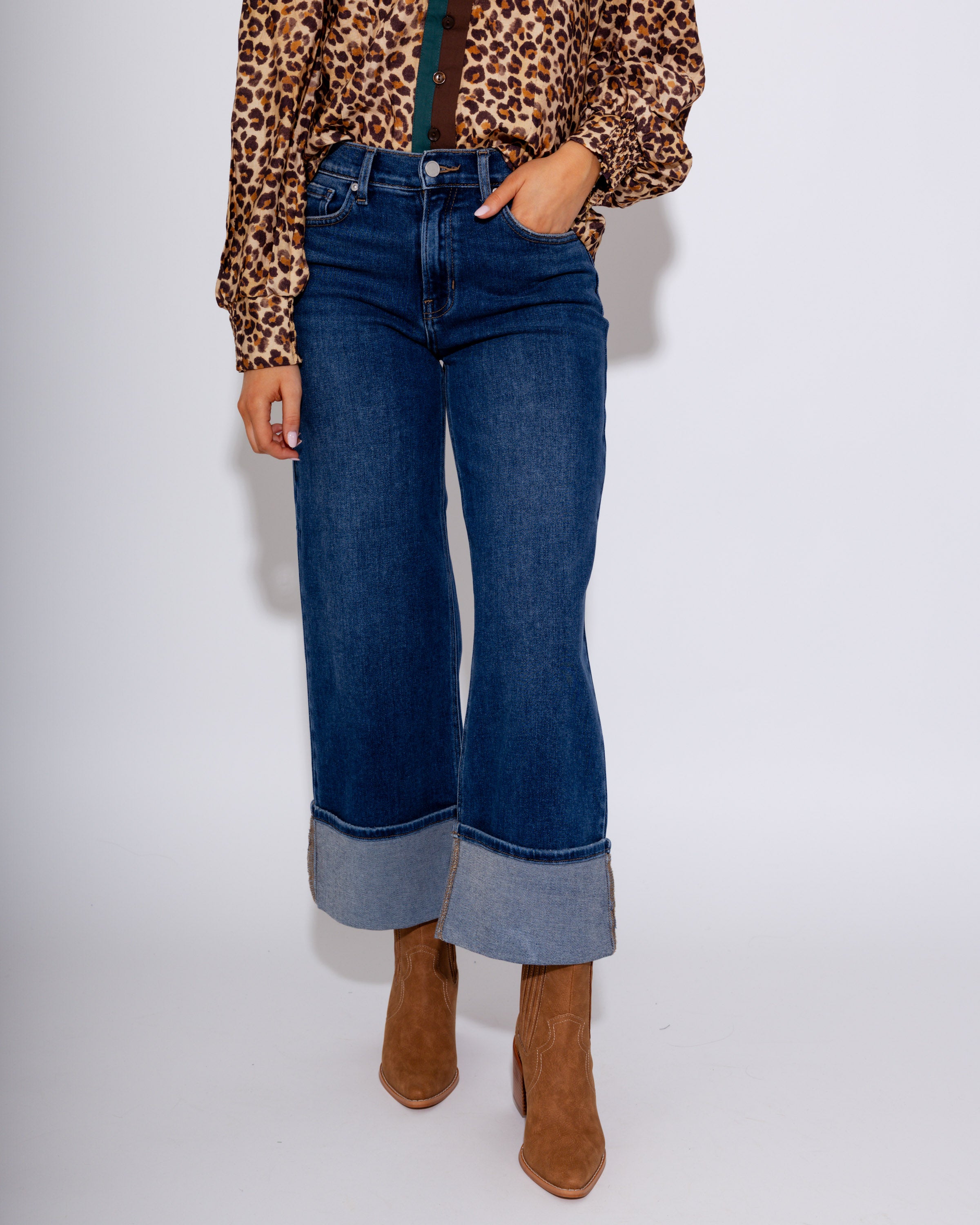 Petite Cuffed Slim Wide Leg Jeans in Dark