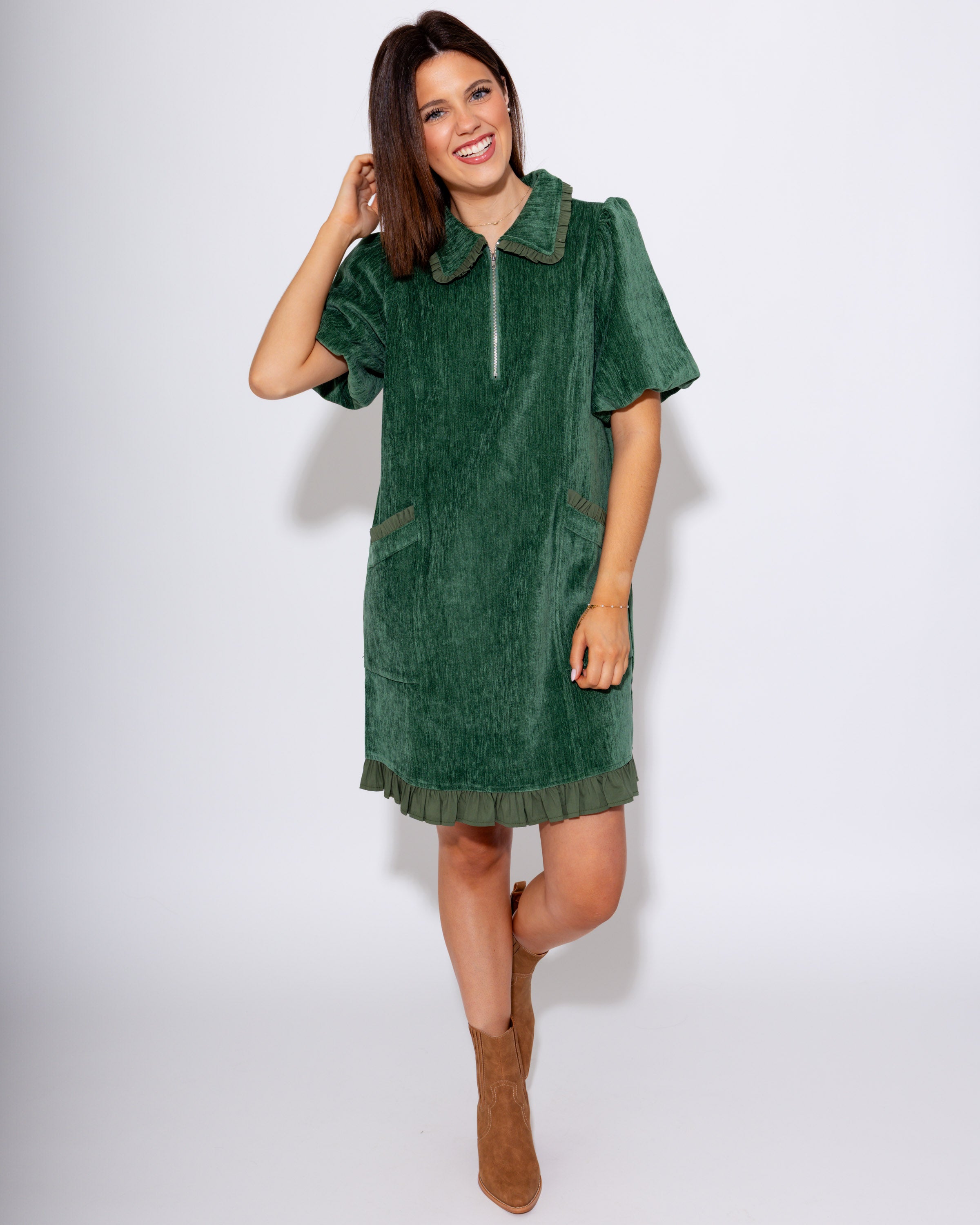 Ruffle Quarter Zip Mini in Hunter Green