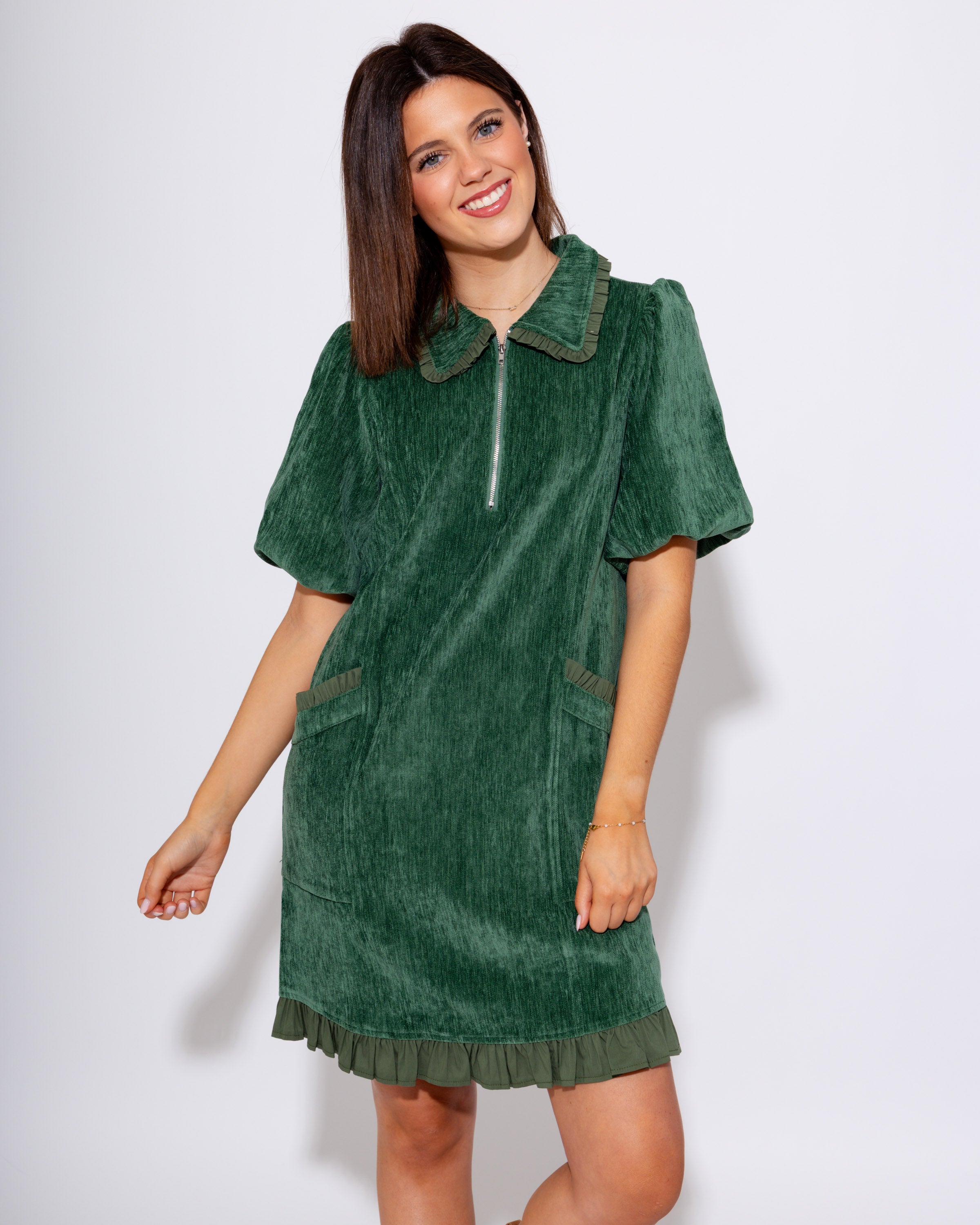 Ruffle Quarter Zip Mini in Hunter Green