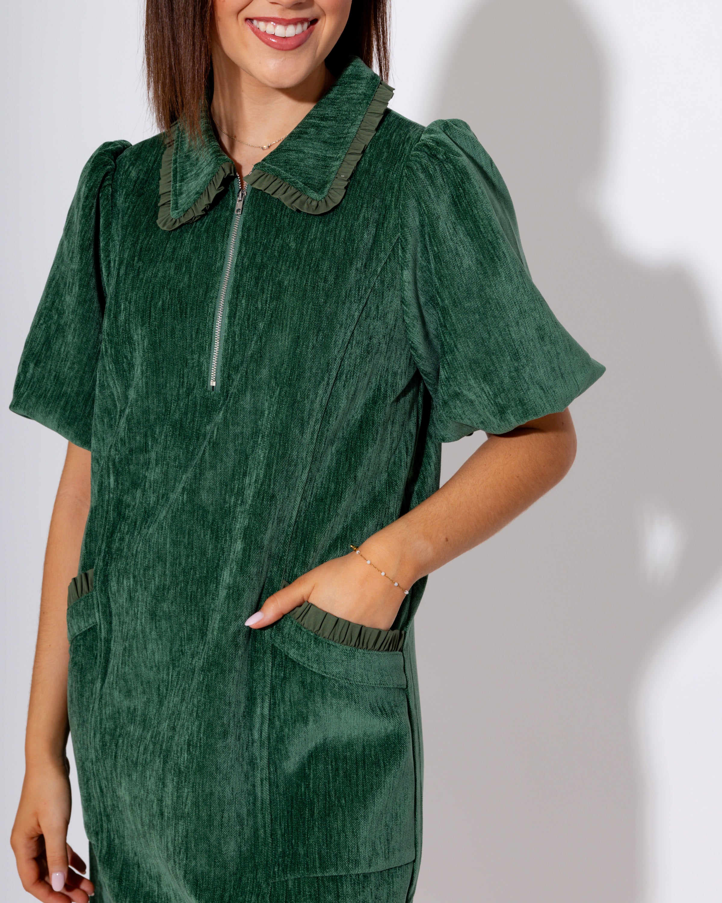 Ruffle Quarter Zip Mini in Hunter Green