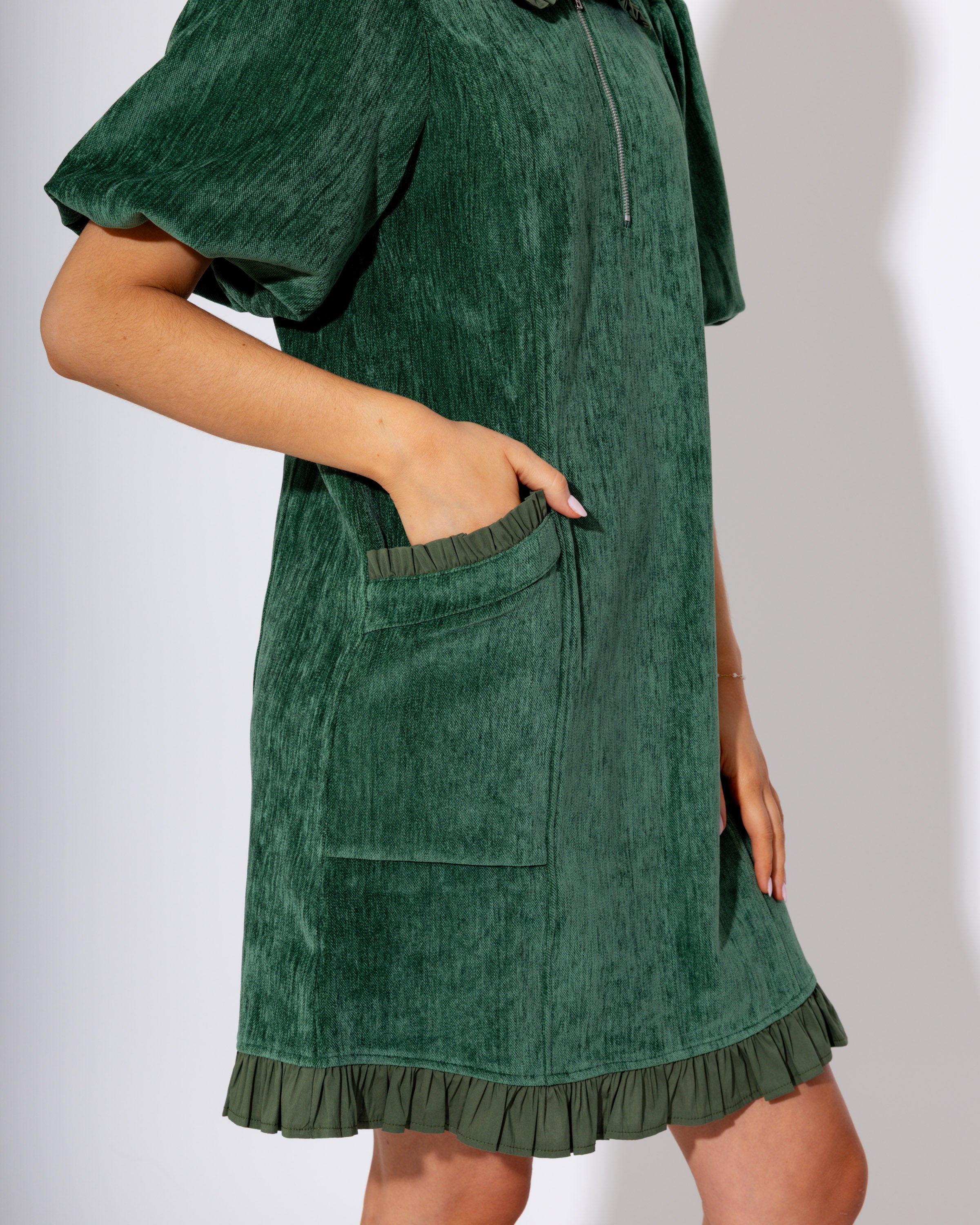 Ruffle Quarter Zip Mini in Hunter Green