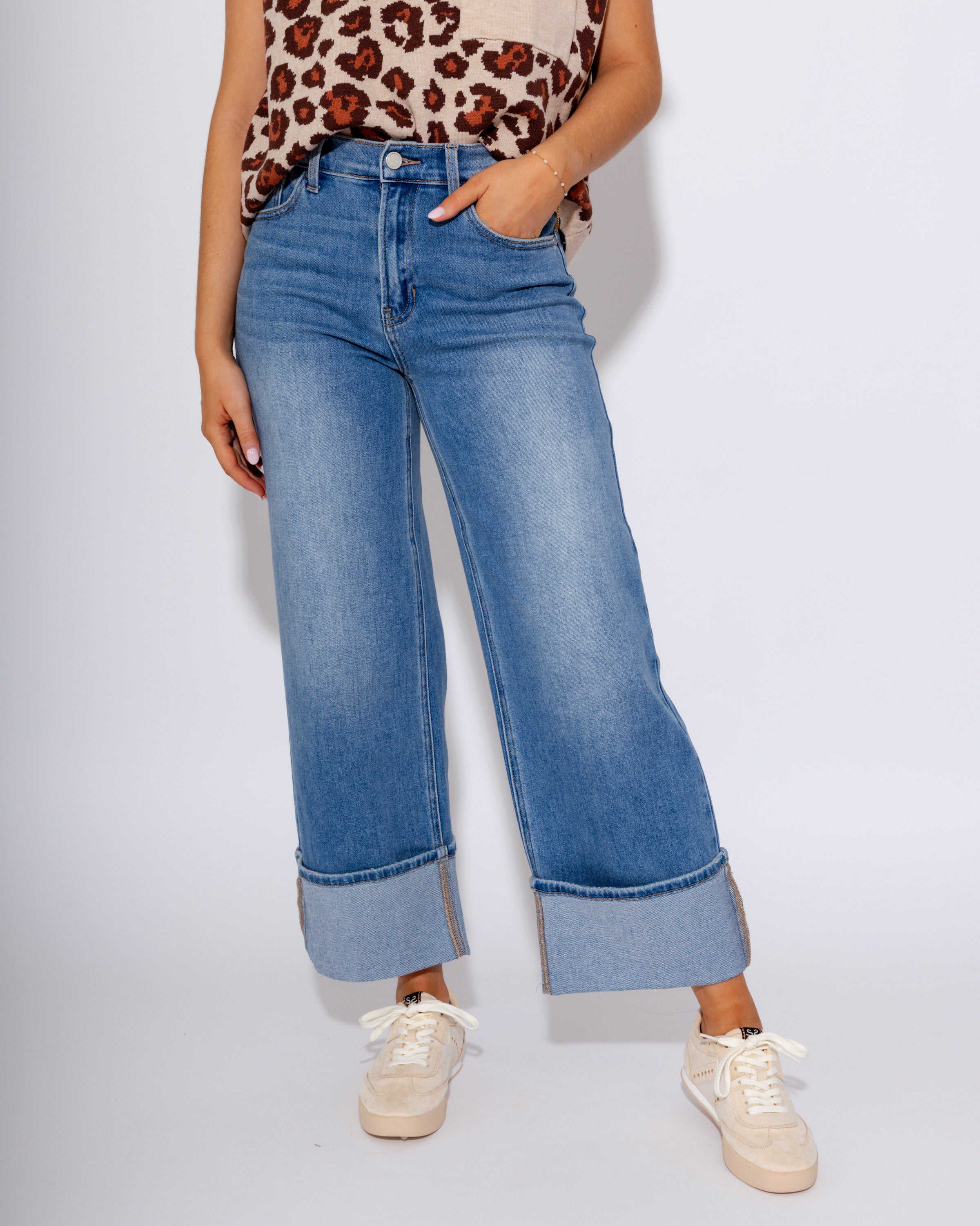 Petite Cuffed Slim Wide Leg Jeans in Medium