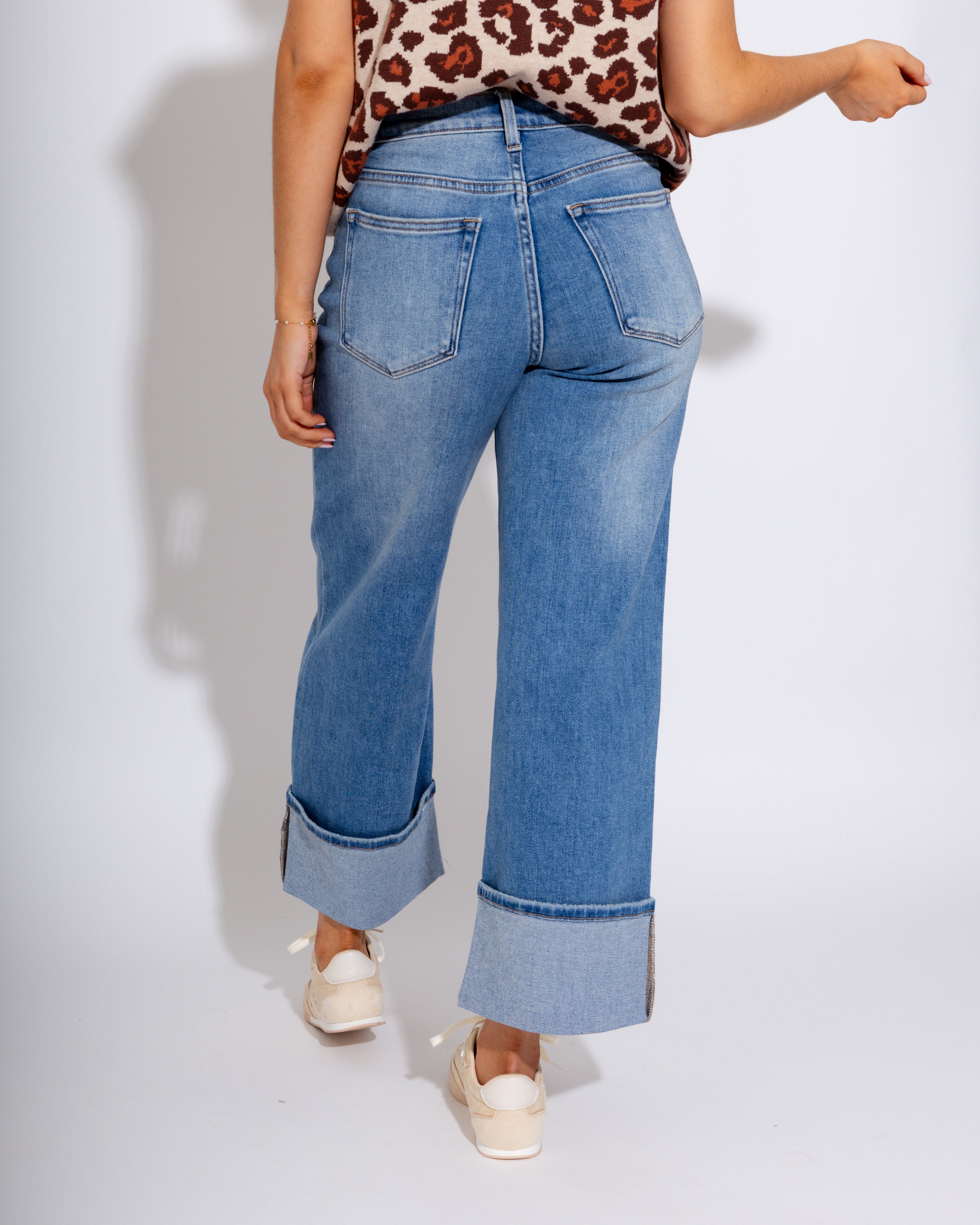 Petite Cuffed Slim Wide Leg Jeans in Medium