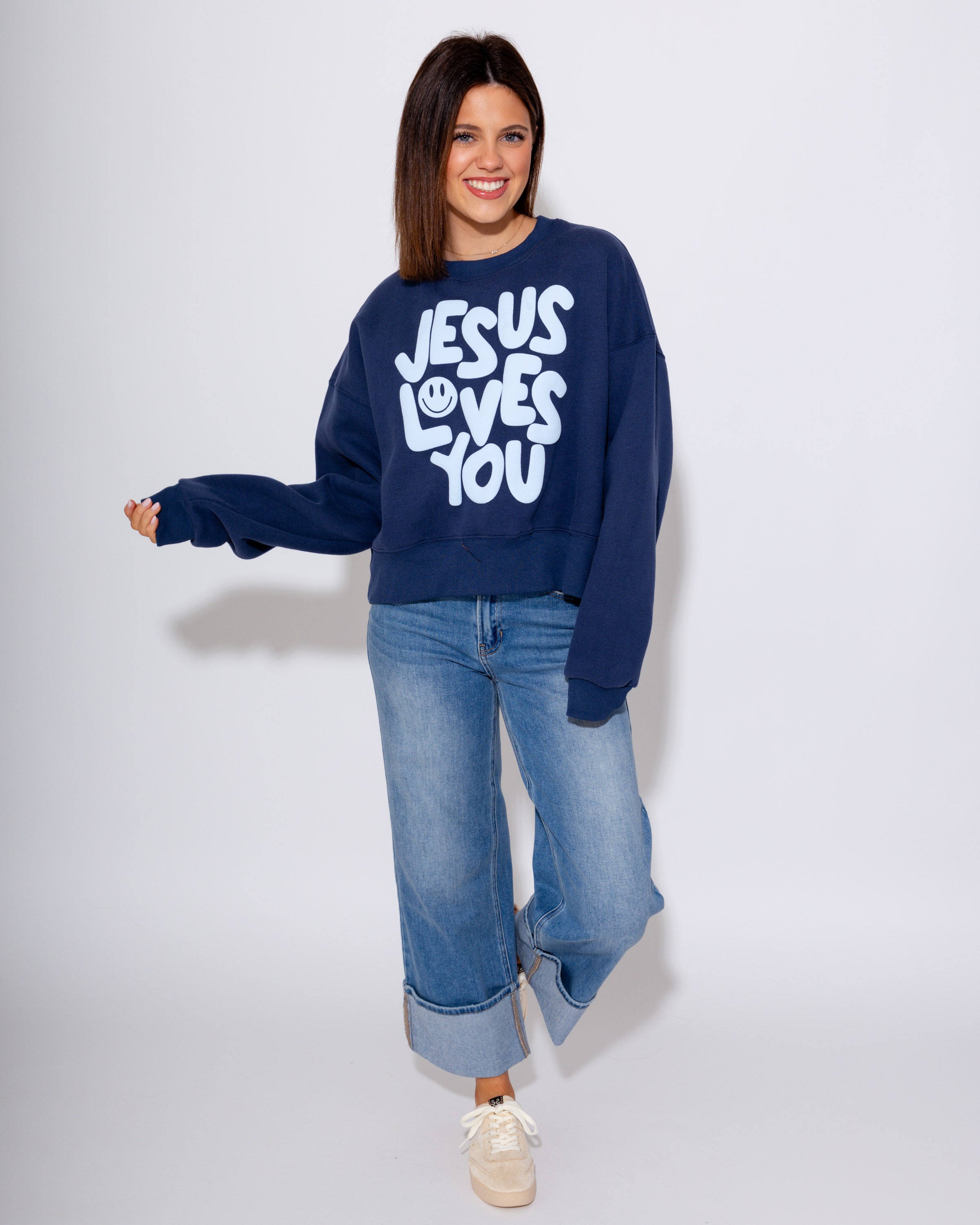 Smiley Jesus Loves You Puff Sweatshirt