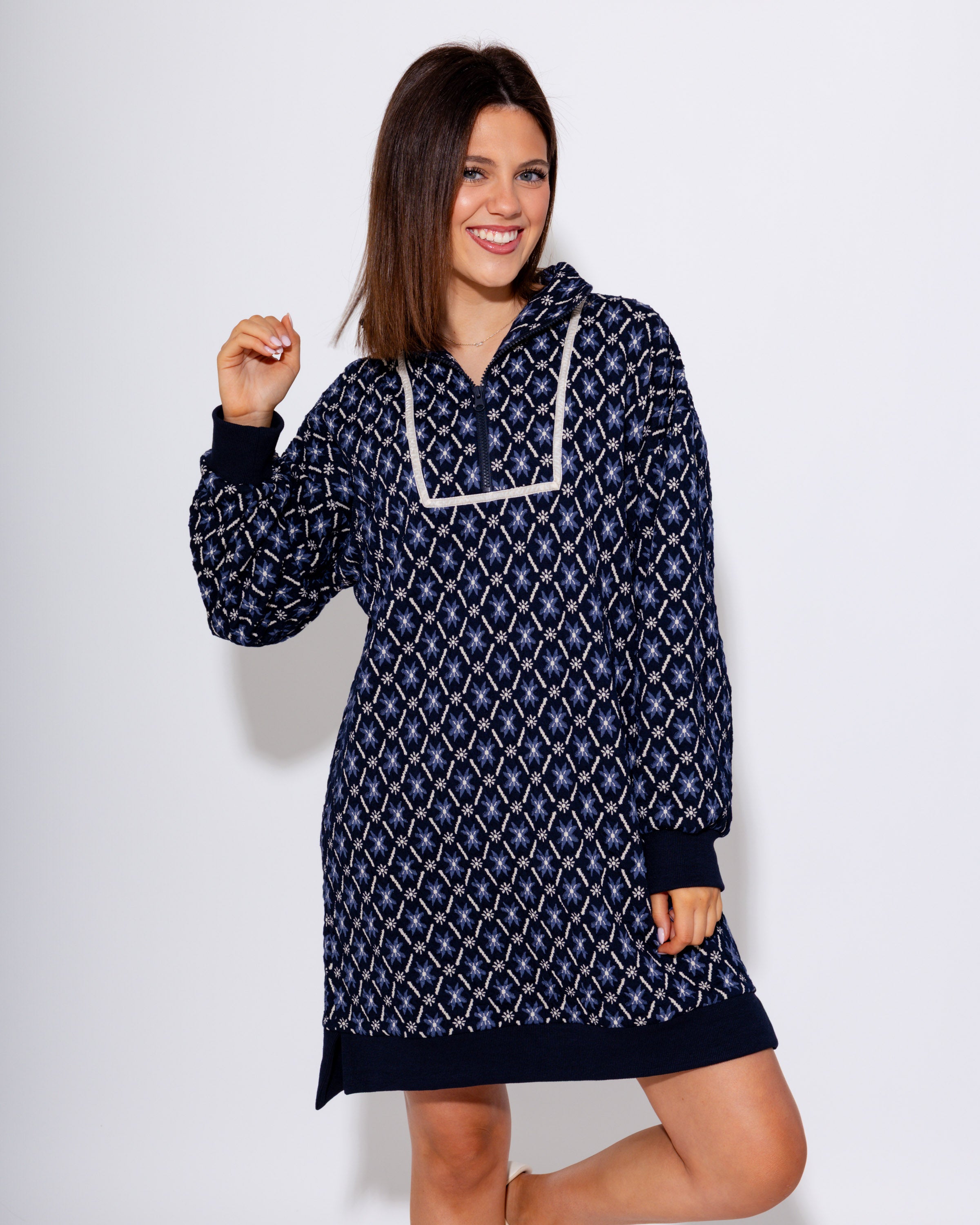 Jacquard Quarter Zip Mini Dress