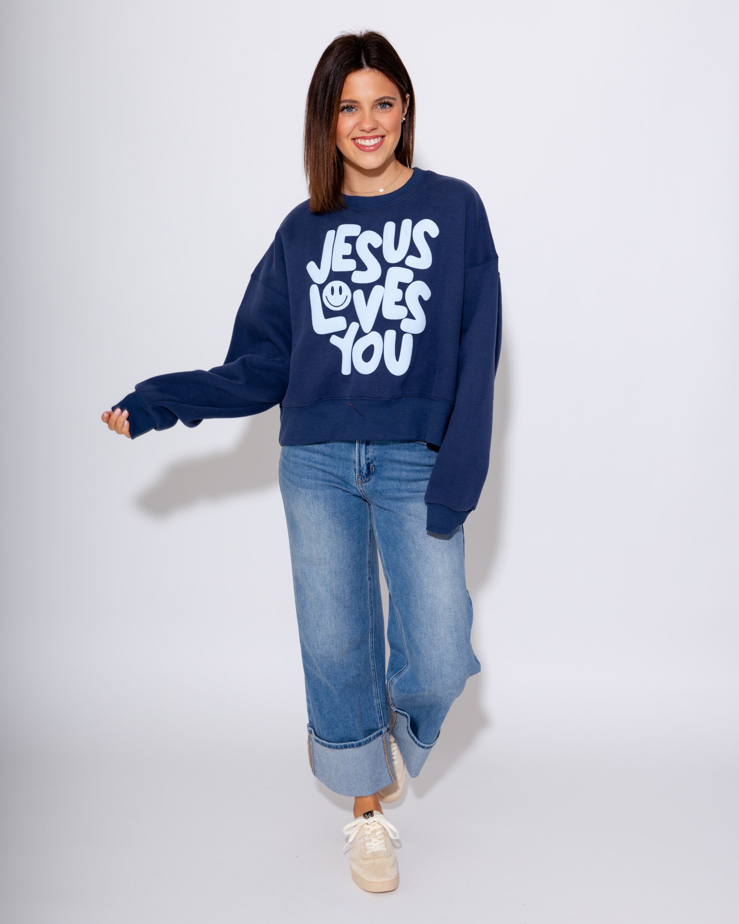 Smiley Jesus Loves You Puff Sweatshirt