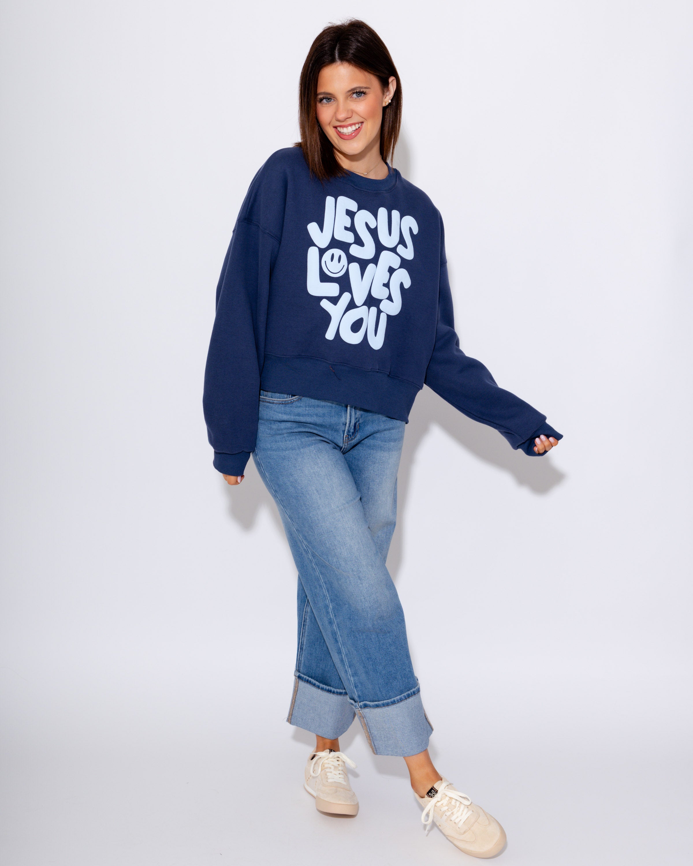 Smiley Jesus Loves You Puff Sweatshirt