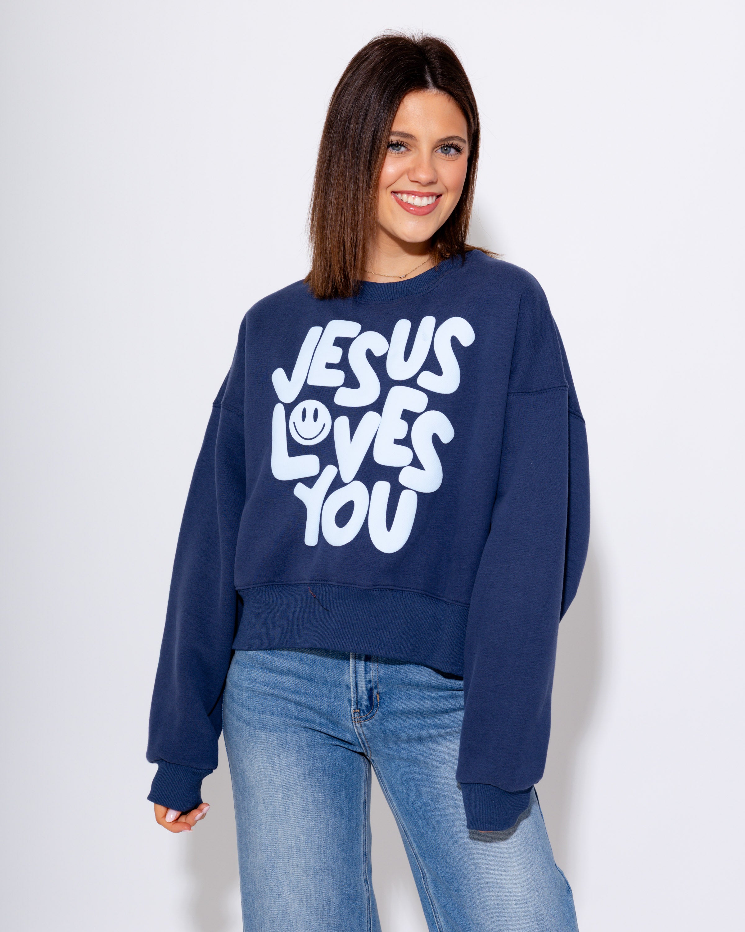 Smiley Jesus Loves You Puff Sweatshirt