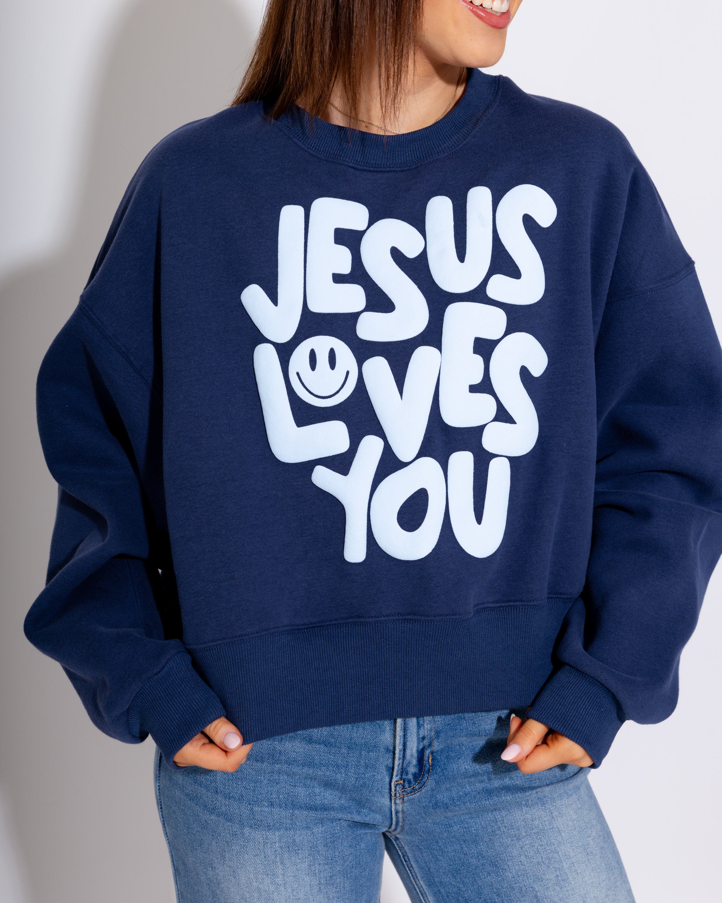 Smiley Jesus Loves You Puff Sweatshirt