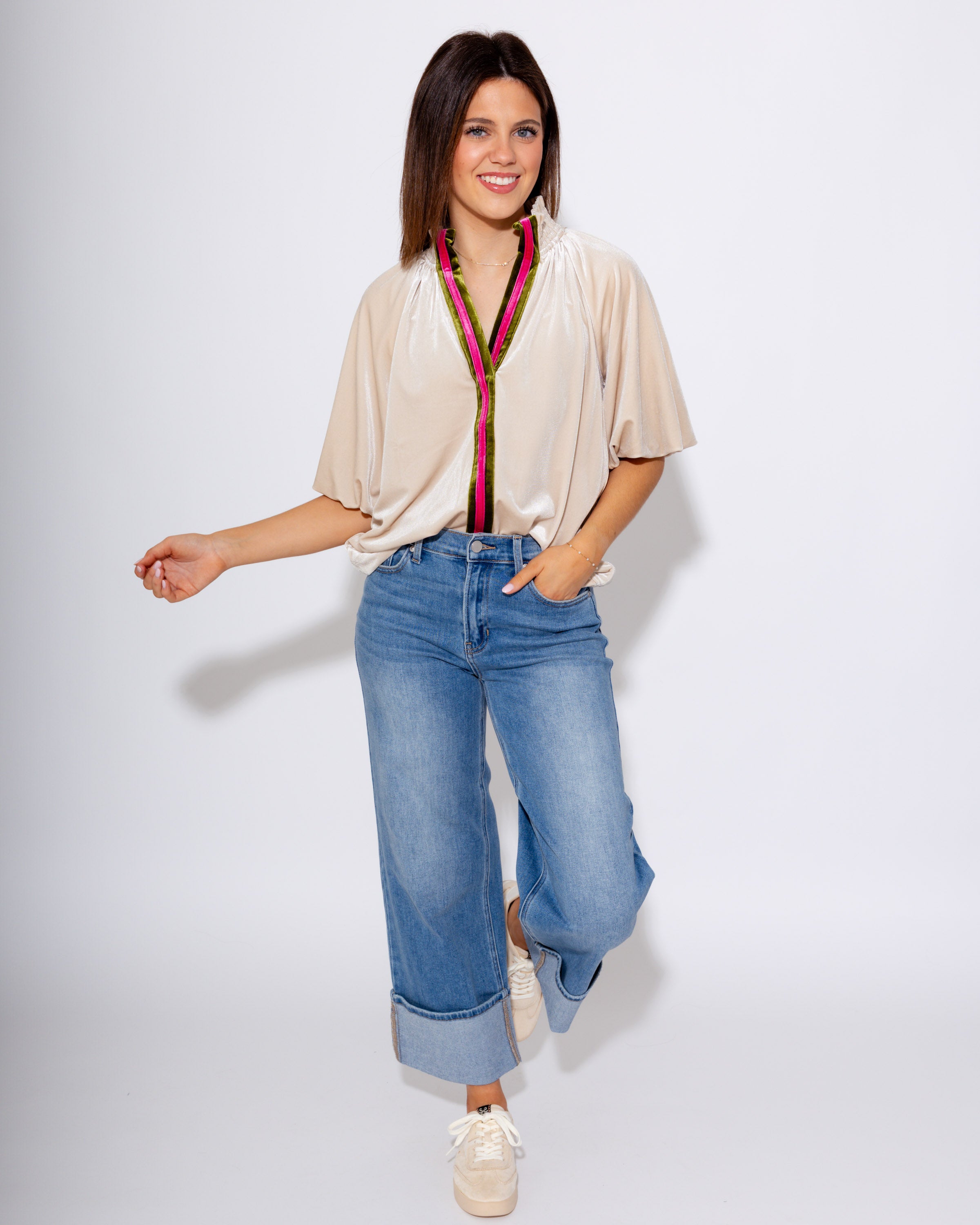 Split Neck Contrast Placket Blouse