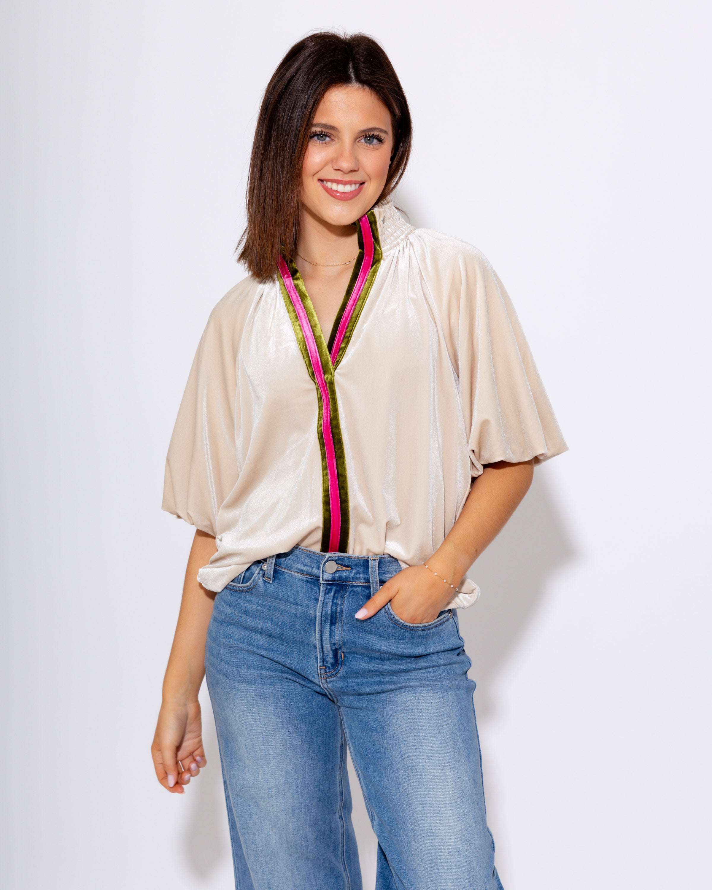 Split Neck Contrast Placket Blouse