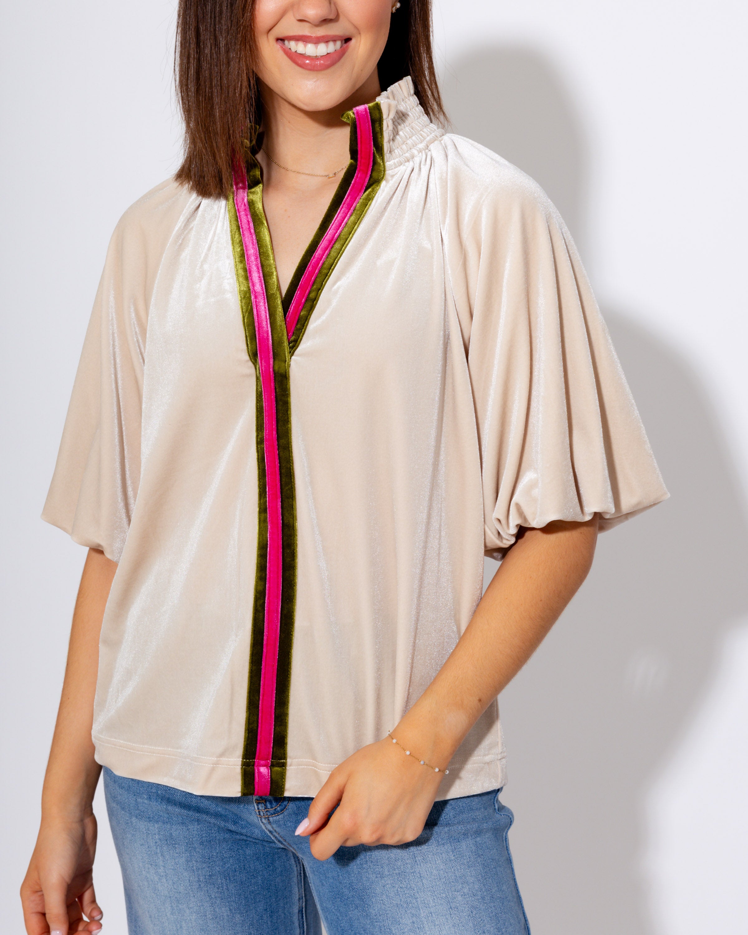Split Neck Contrast Placket Blouse