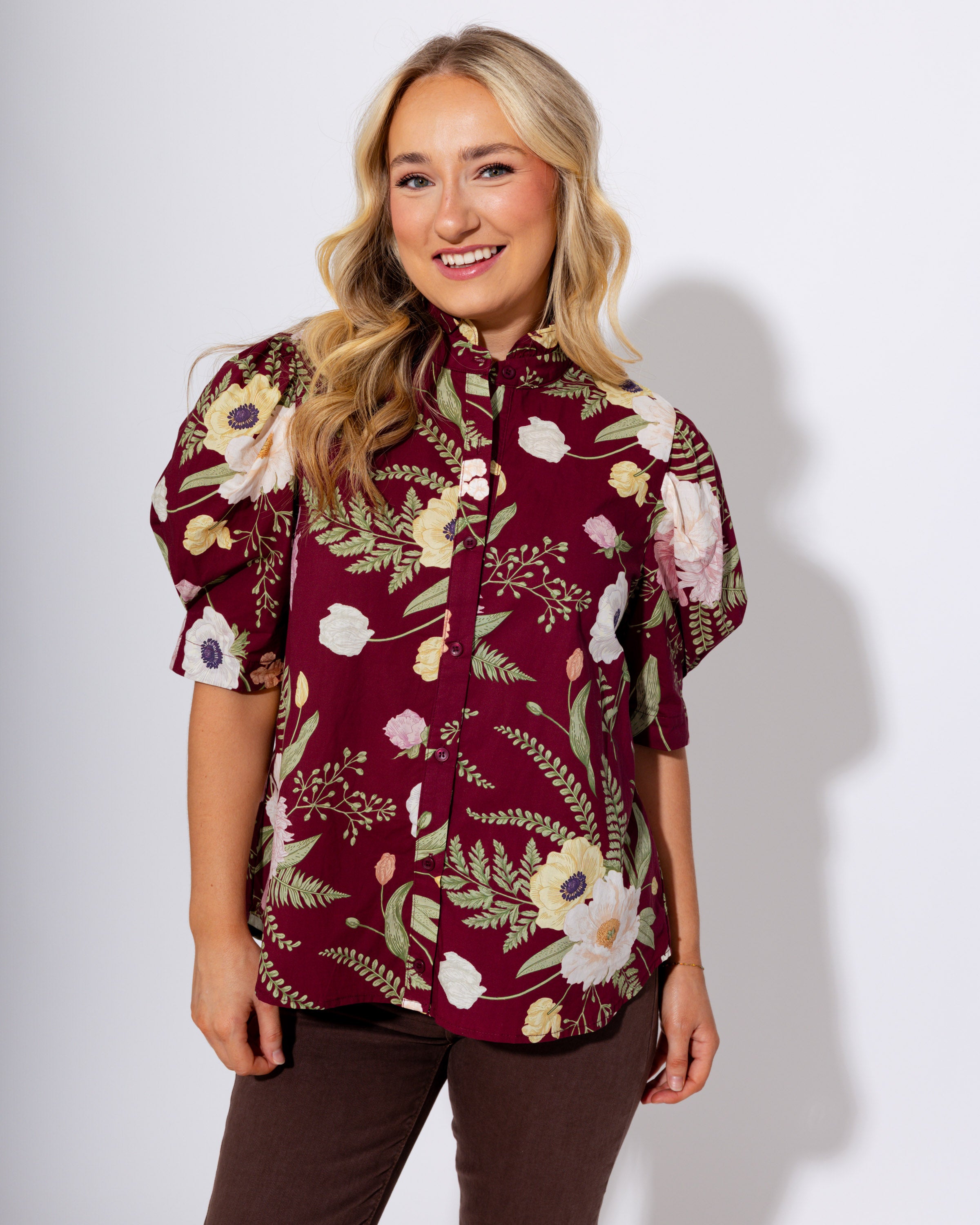 Merlot Multi Floral Print Ruffle Button Up Top