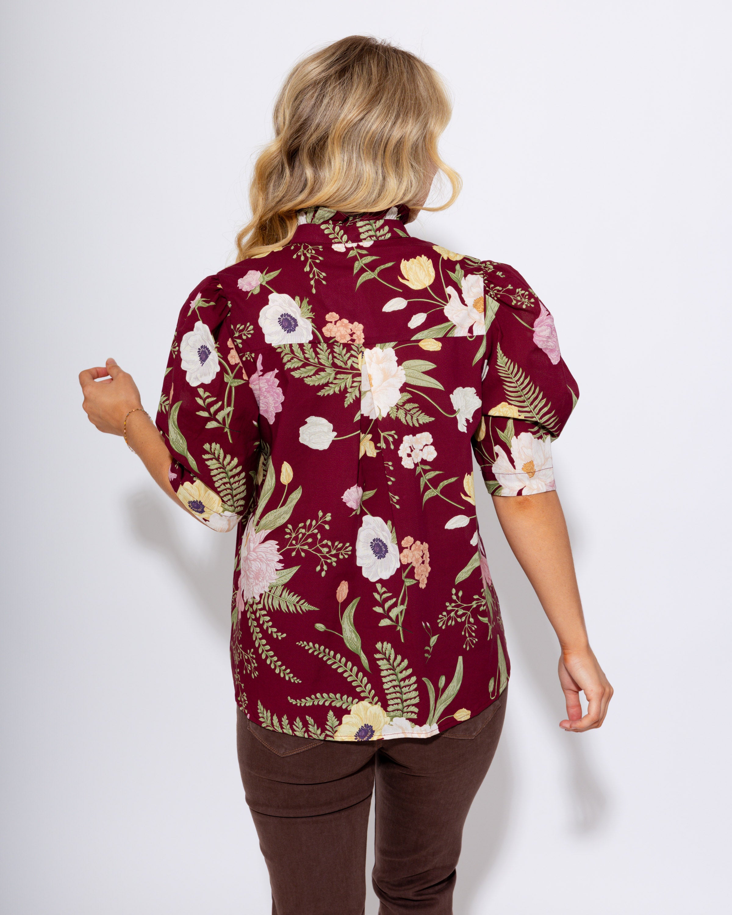 Merlot Multi Floral Print Ruffle Button Up Top