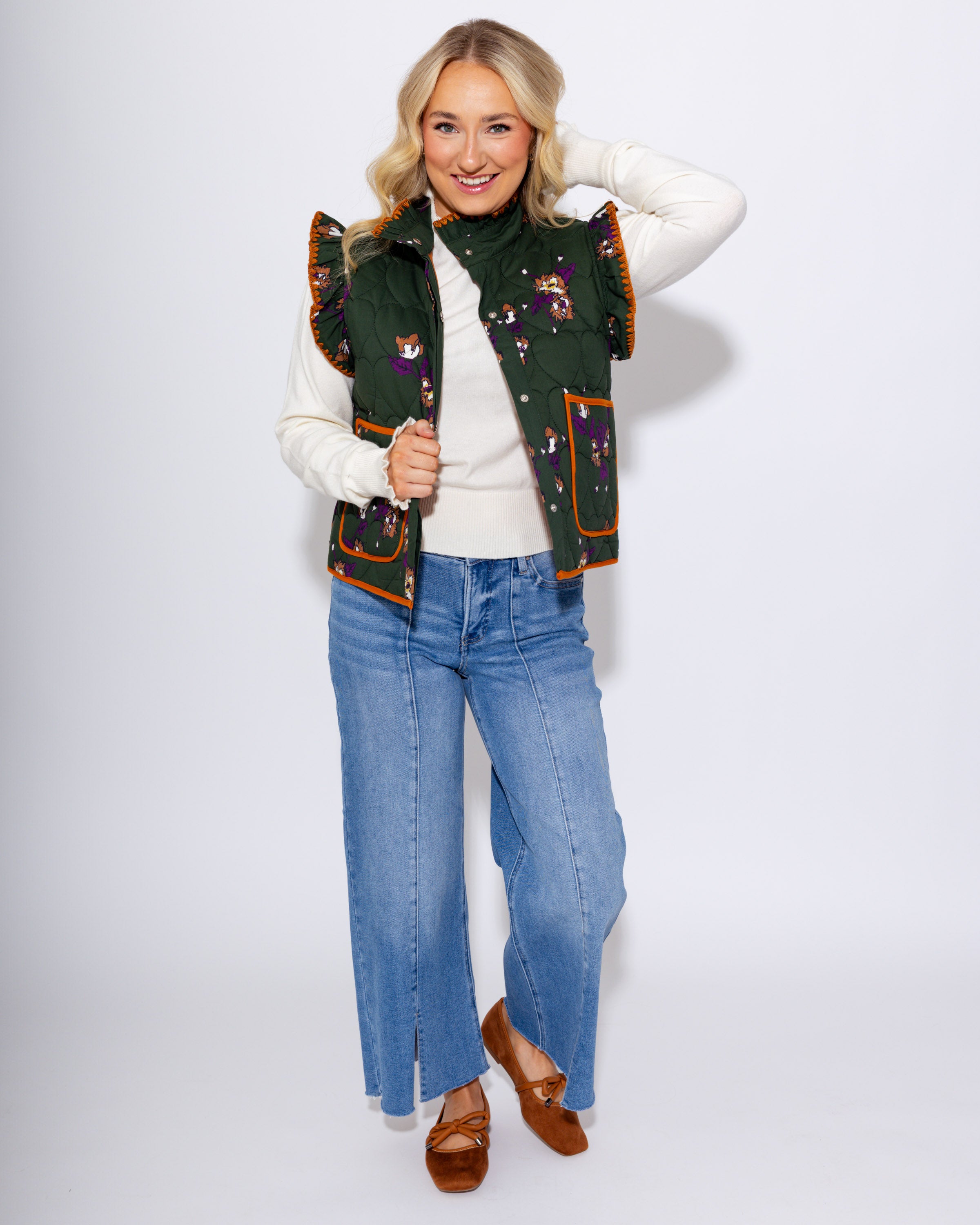 Ruffled Quilted Floral Vest