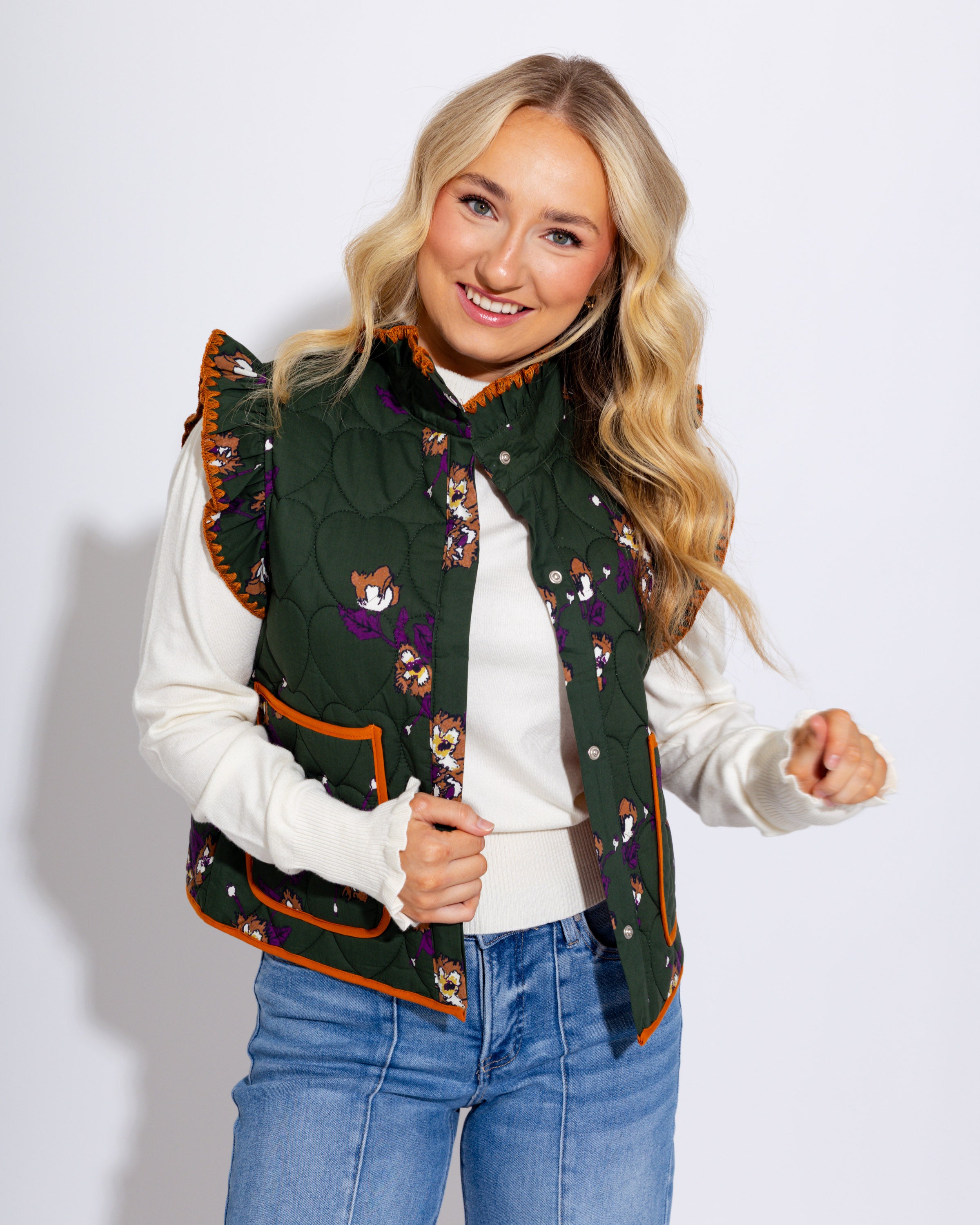 Ruffled Quilted Floral Vest