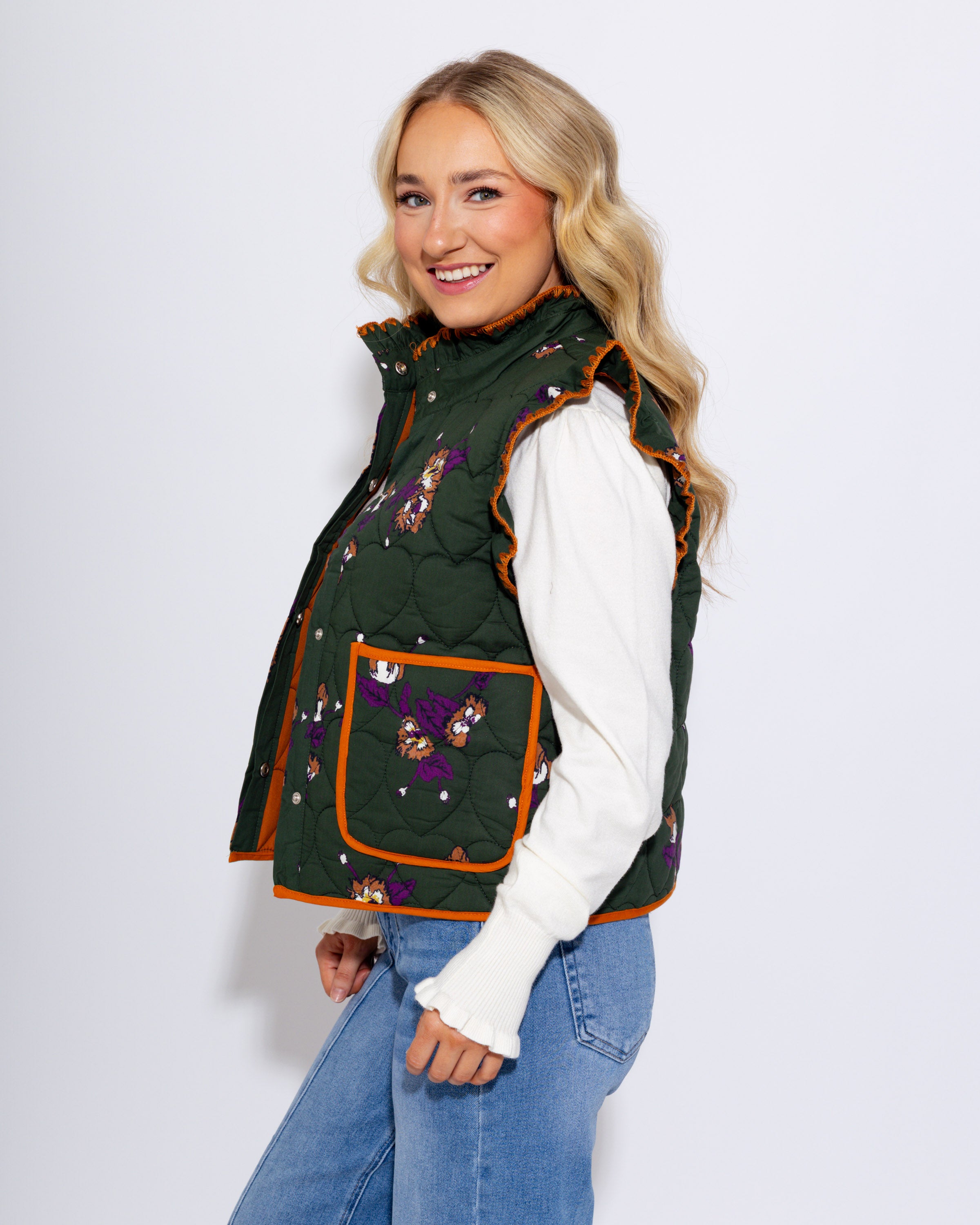 Ruffled Quilted Floral Vest