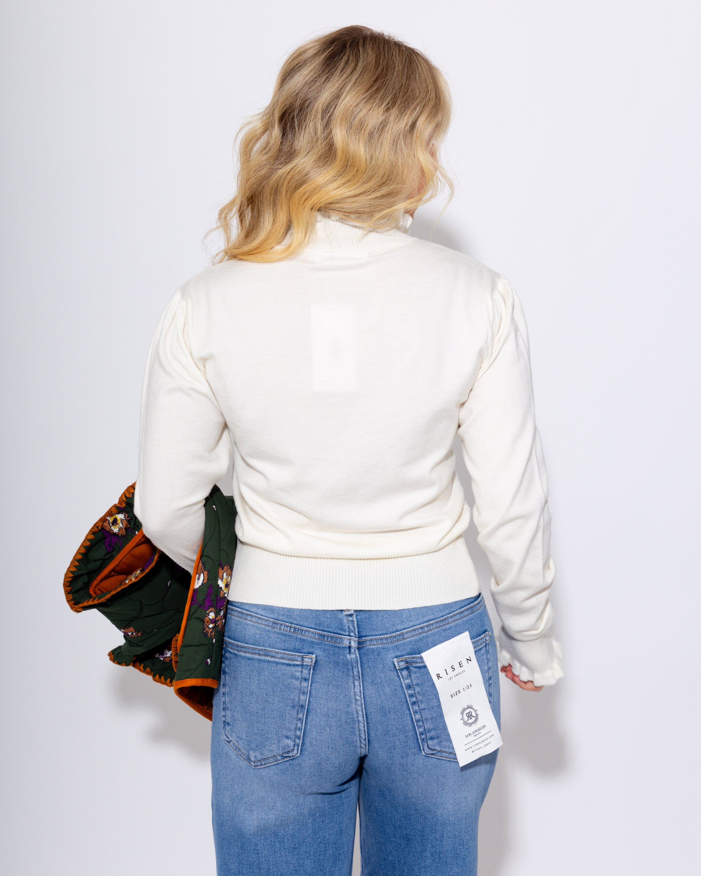 Ruffle Trim Mock Neck Sweater in Cream