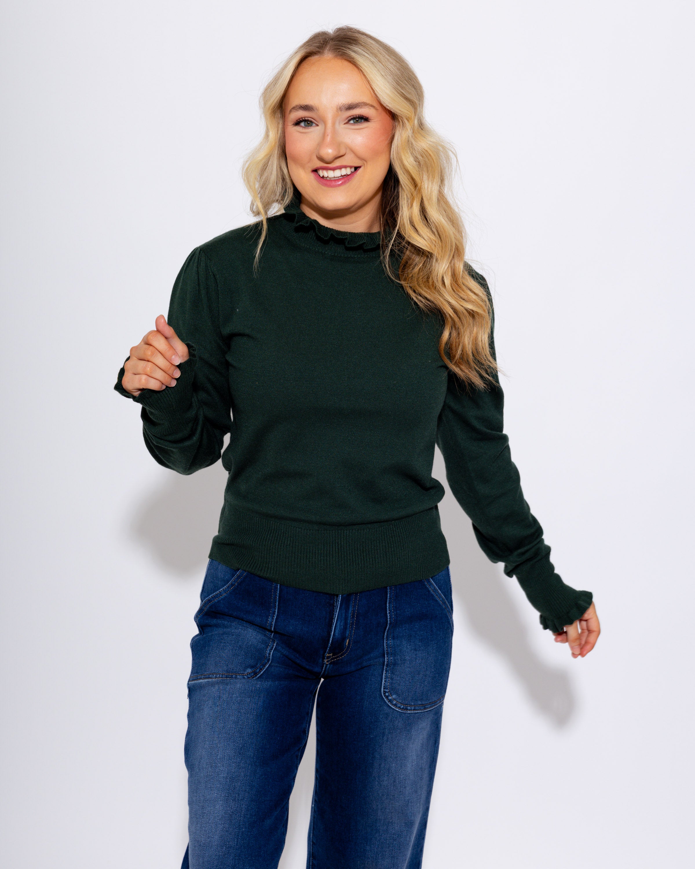 Ruffle Trim Mock Neck Sweater in Green