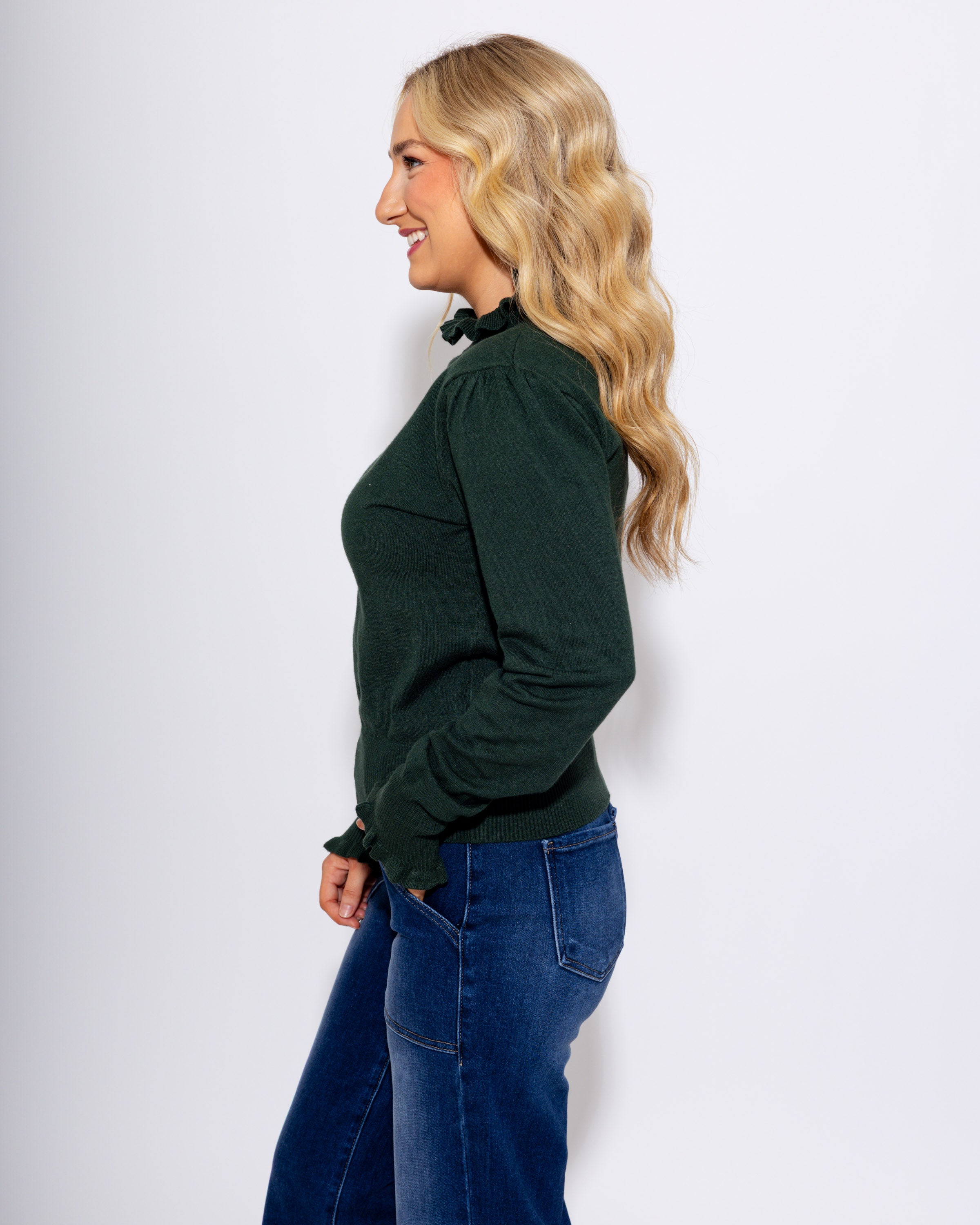 Ruffle Trim Mock Neck Sweater in Green