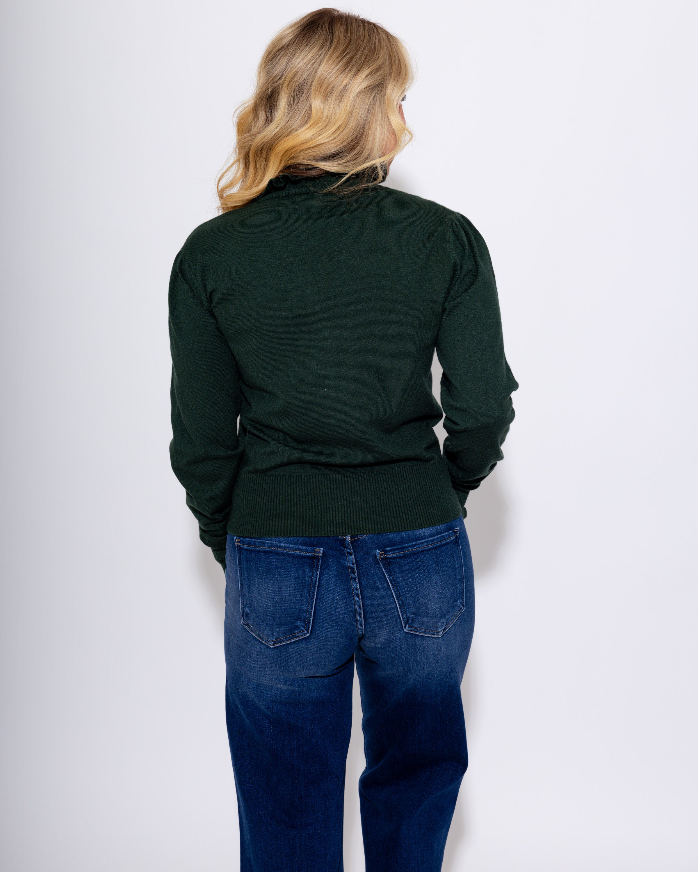 Ruffle Trim Mock Neck Sweater in Green