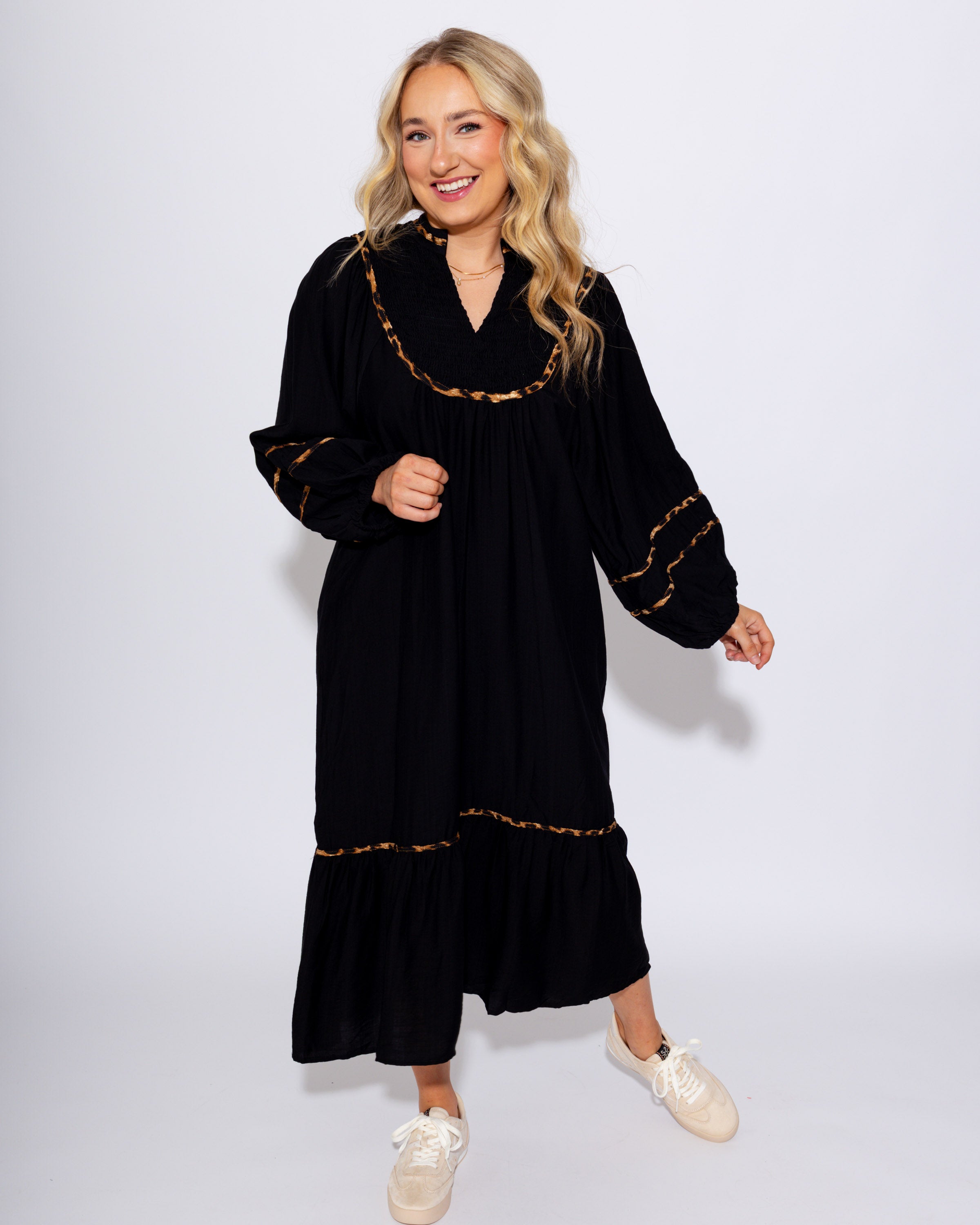 Animal Print Accent Smocked Midi Dress