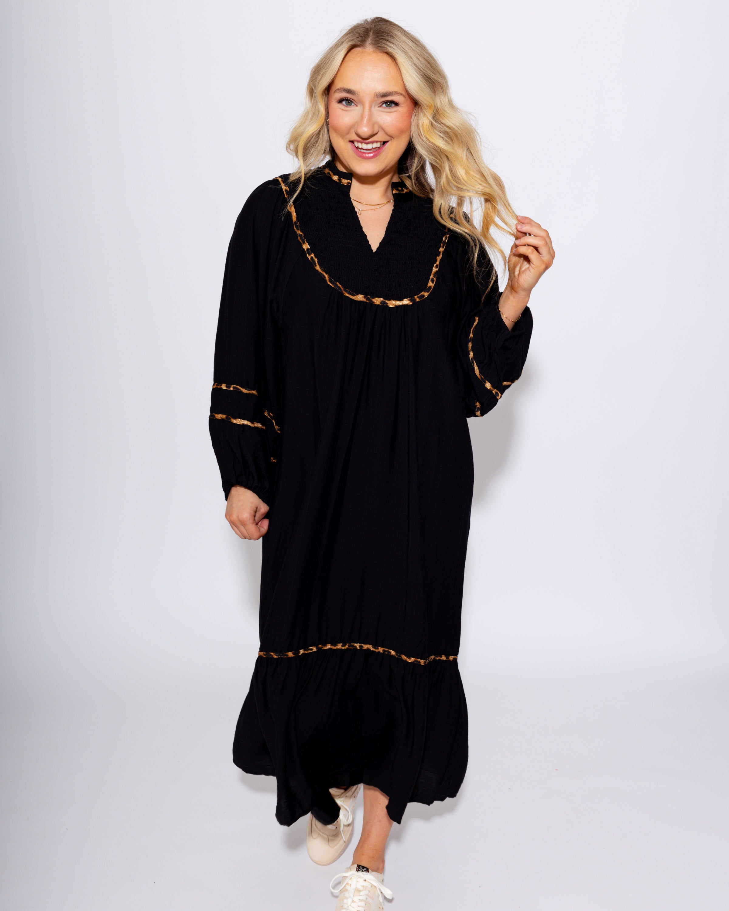 Animal Print Accent Smocked Midi Dress