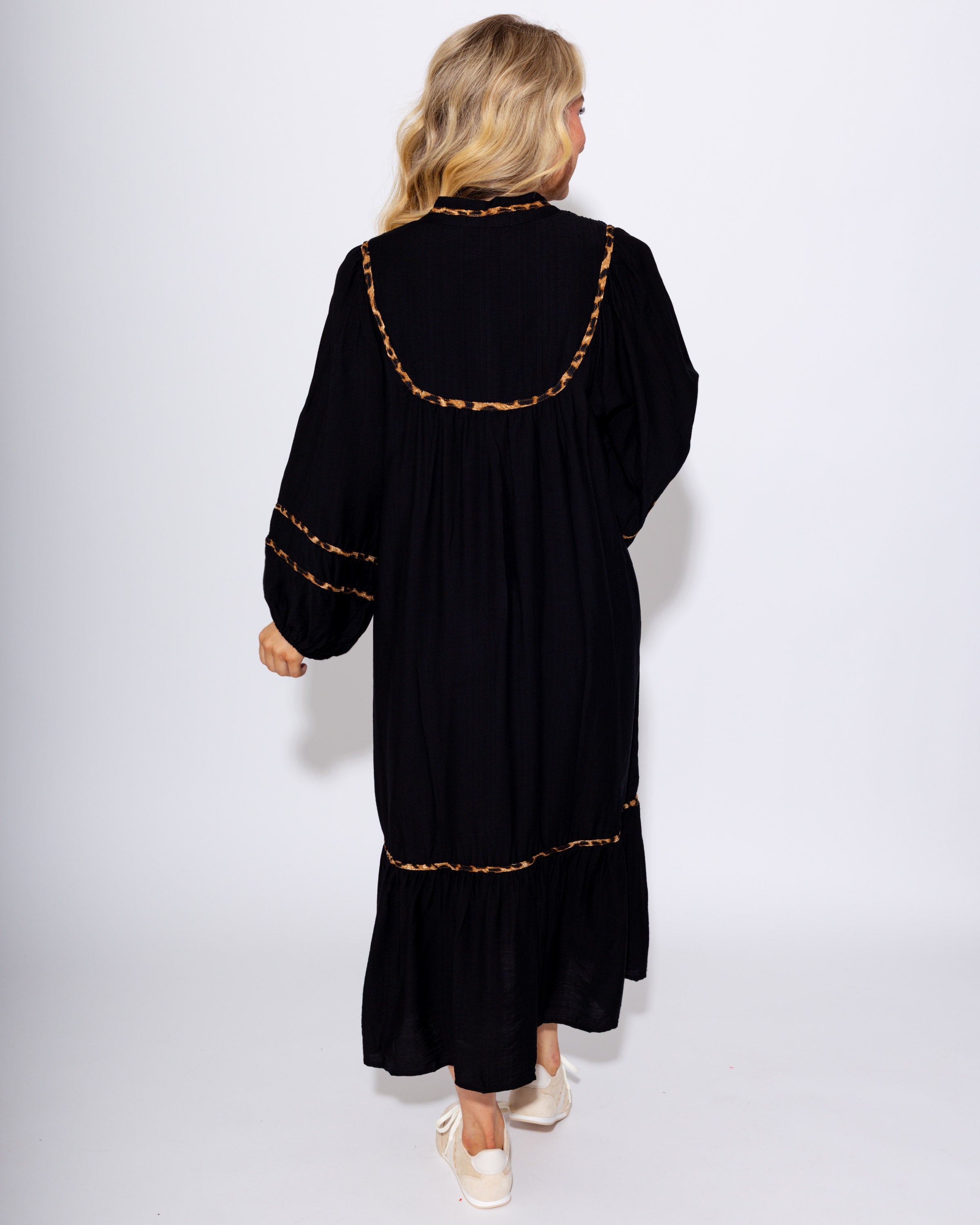 Animal Print Accent Smocked Midi Dress