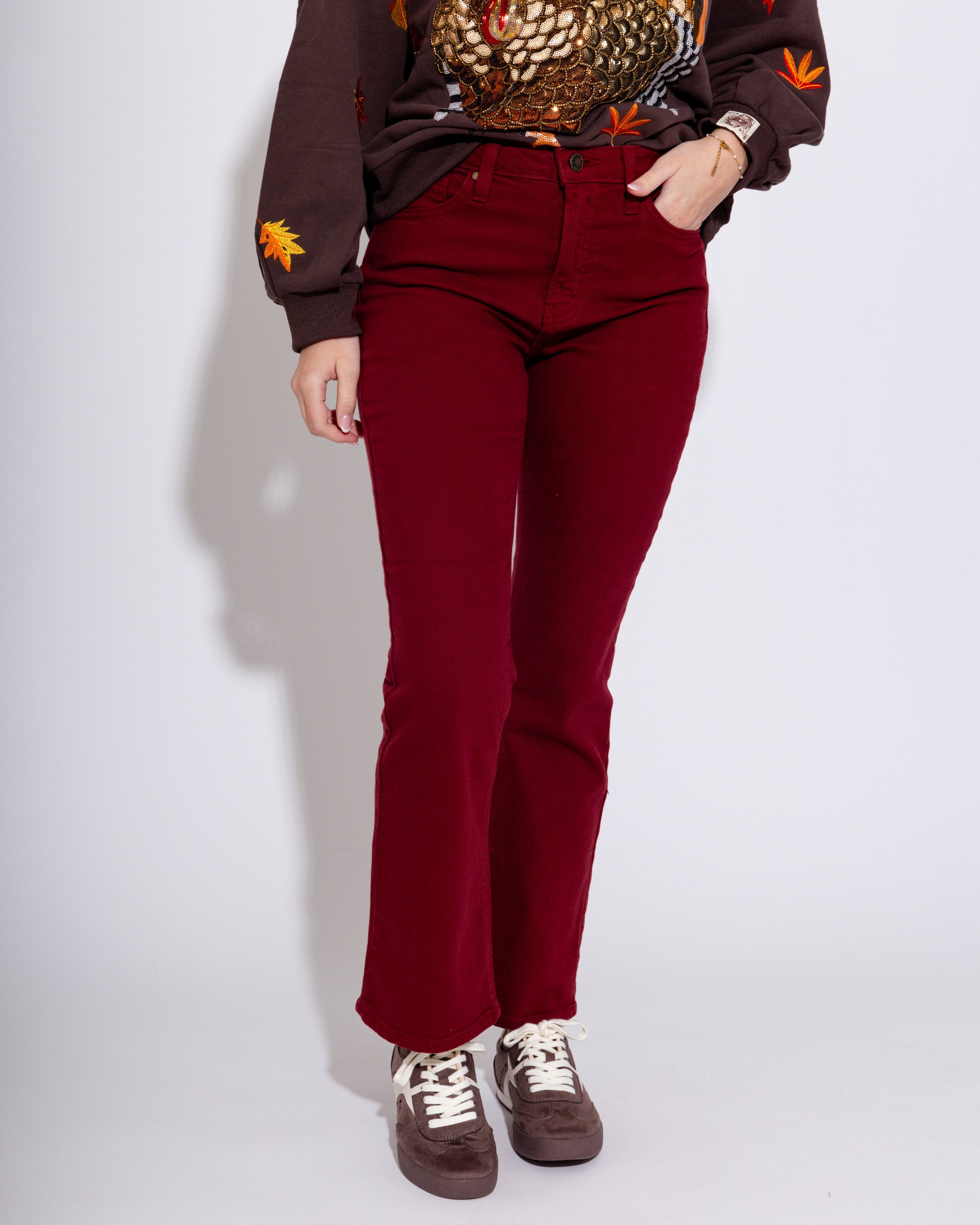 Slim Cropped Bootcut Jeans in Dark Cherry