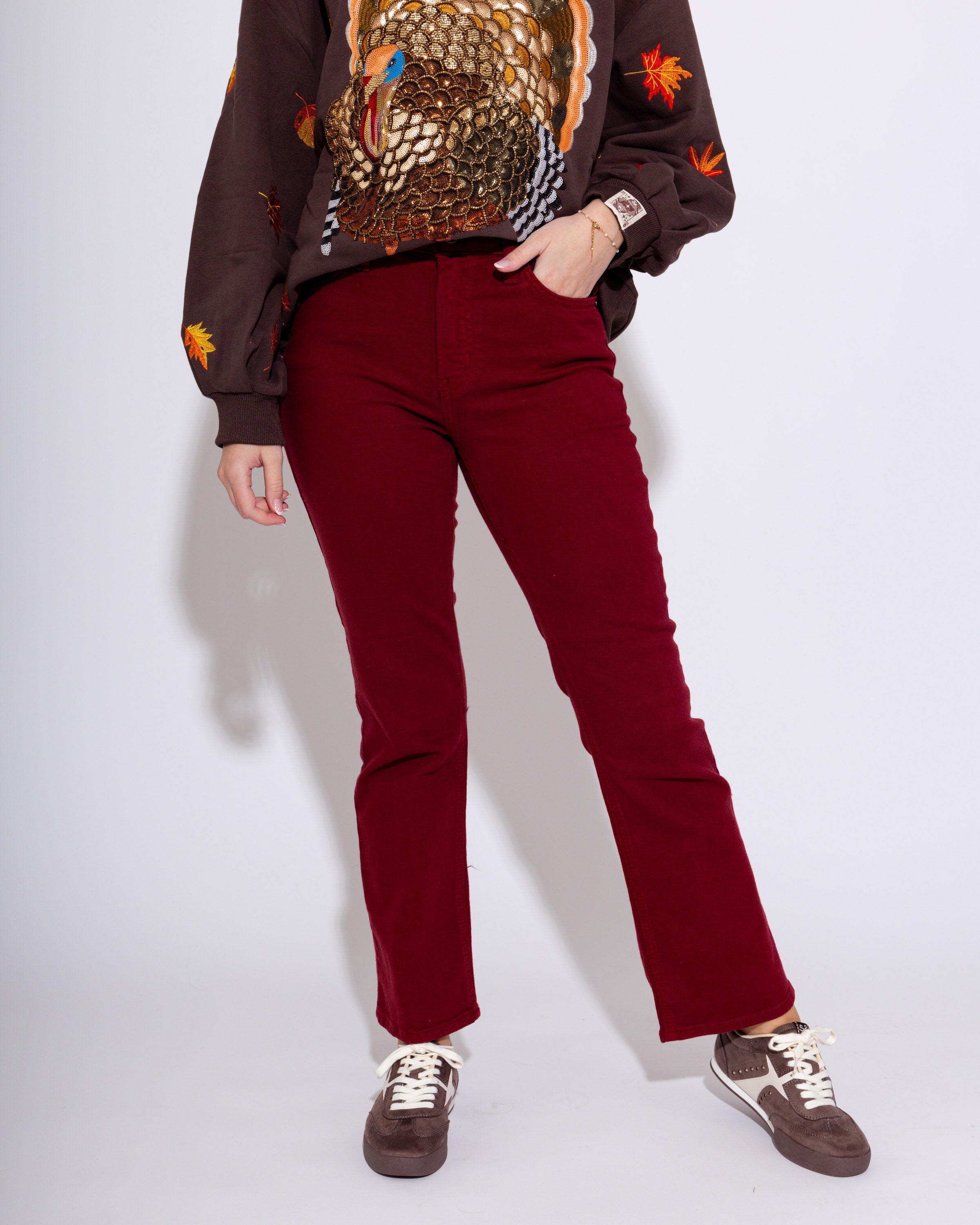 Slim Cropped Bootcut Jeans in Dark Cherry