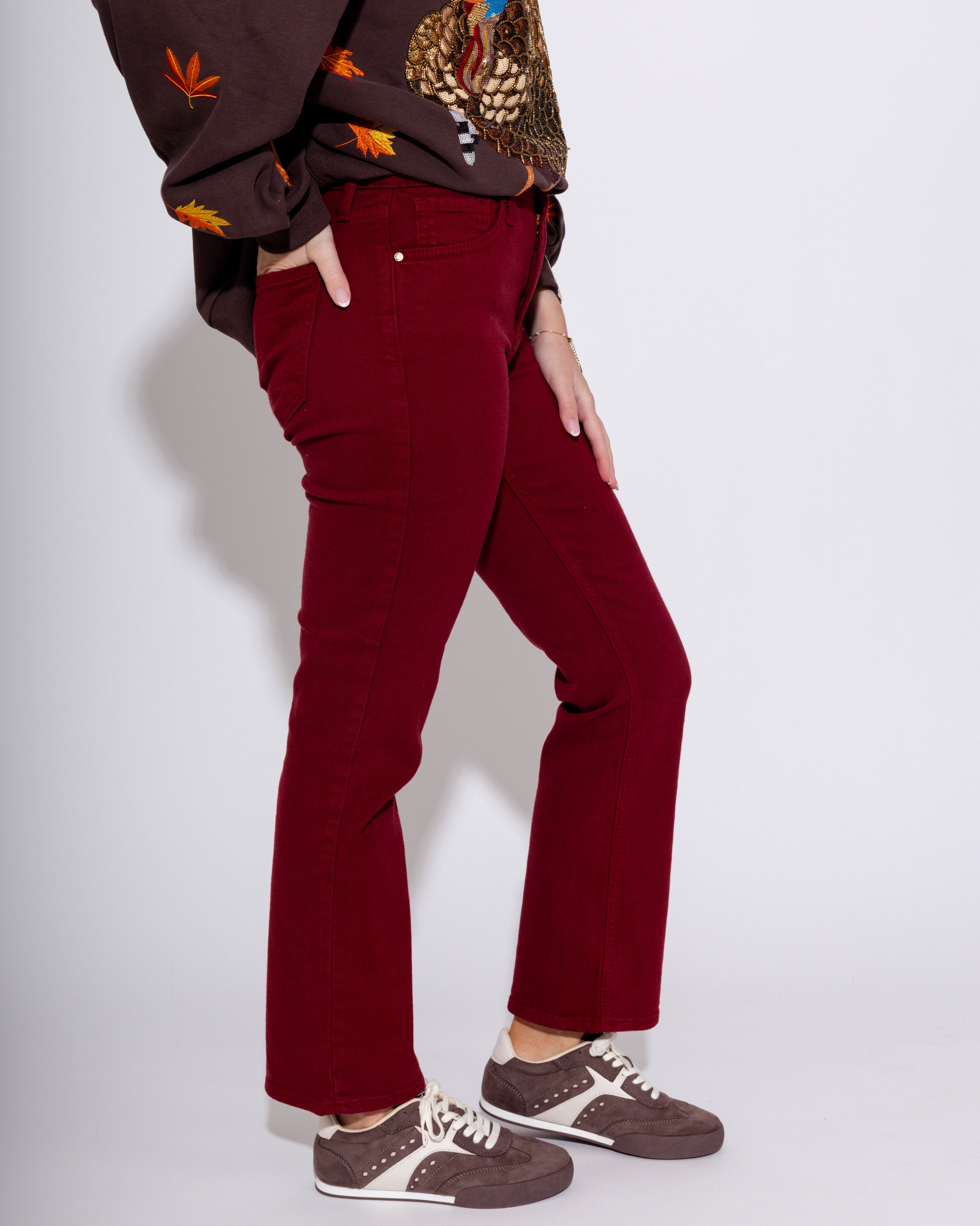 Slim Cropped Bootcut Jeans in Dark Cherry