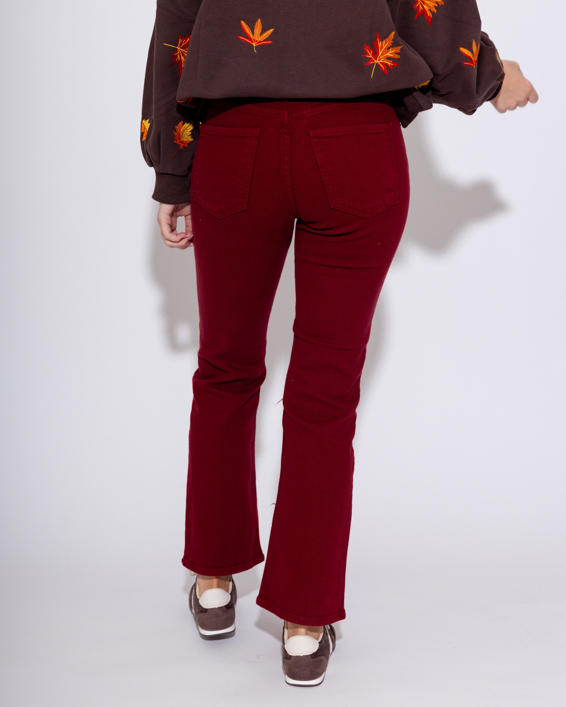 Slim Cropped Bootcut Jeans in Dark Cherry