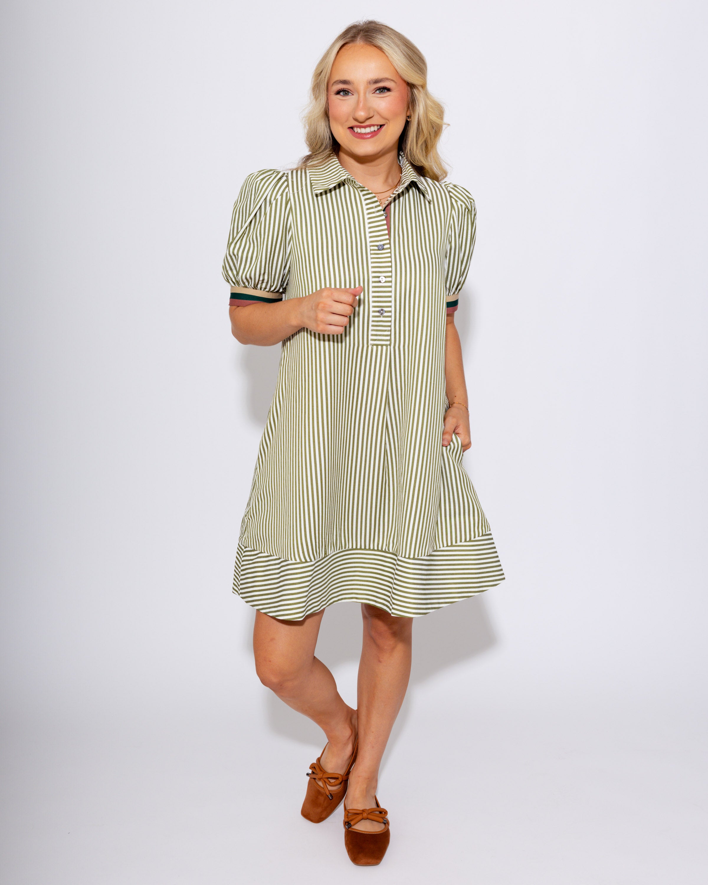 Striped Puff Sleeve Swing Shirt Dress in Olive