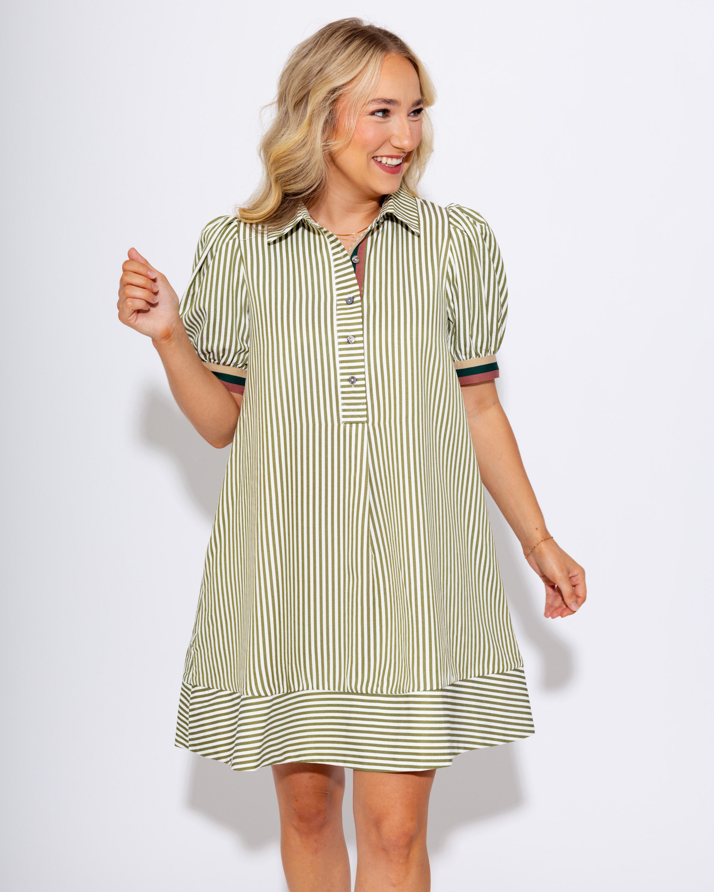 Striped Puff Sleeve Swing Shirt Dress in Olive