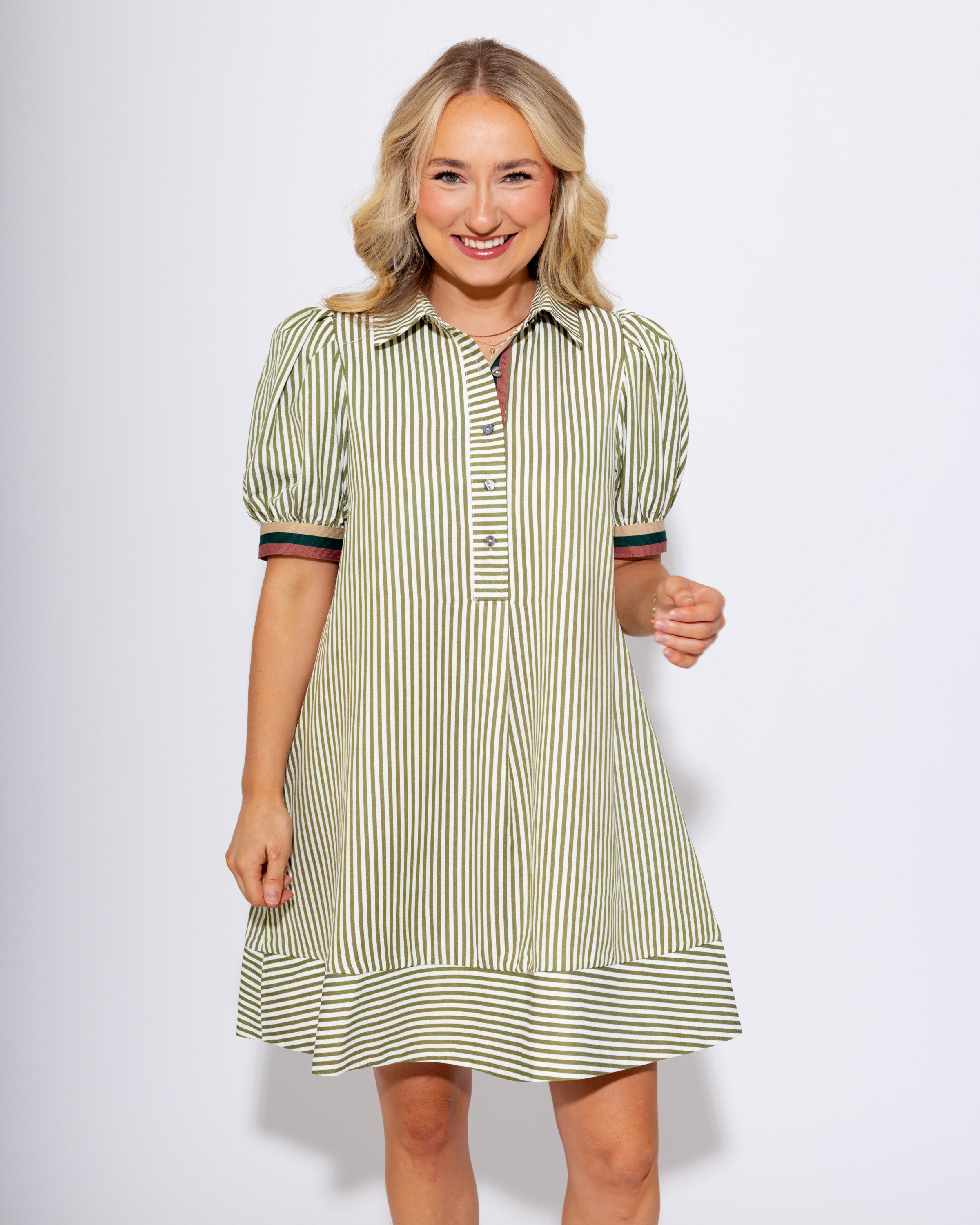 Striped Puff Sleeve Swing Shirt Dress in Olive