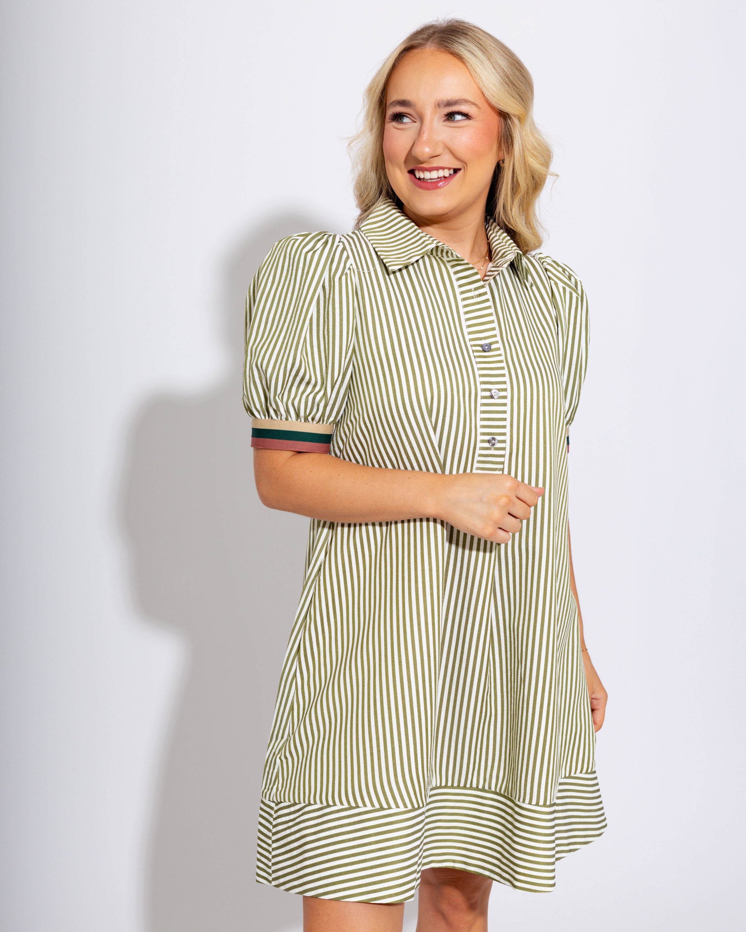 Striped Puff Sleeve Swing Shirt Dress in Olive