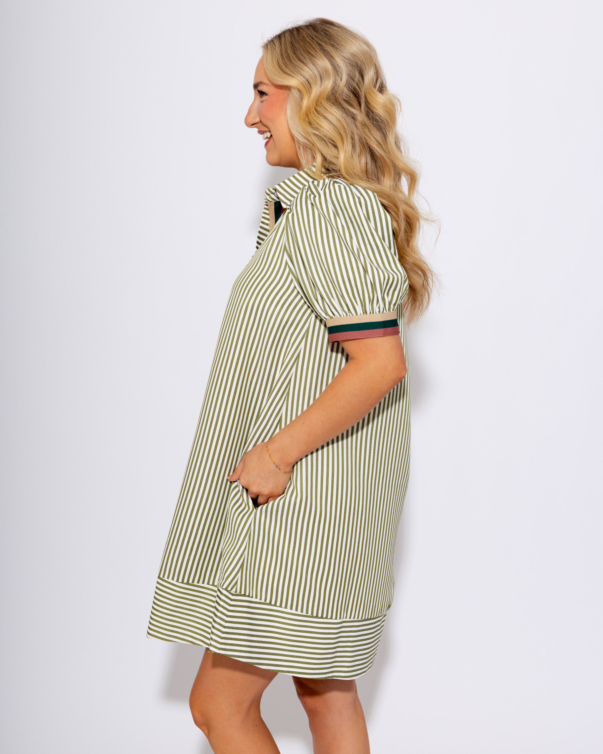 Striped Puff Sleeve Swing Shirt Dress in Olive