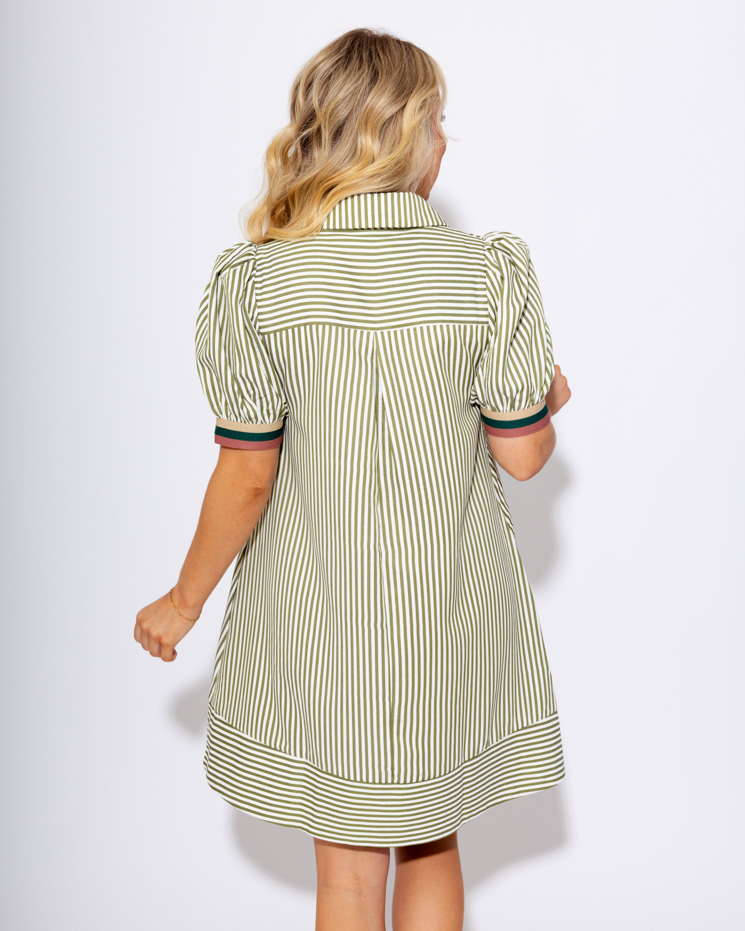 Striped Puff Sleeve Swing Shirt Dress in Olive