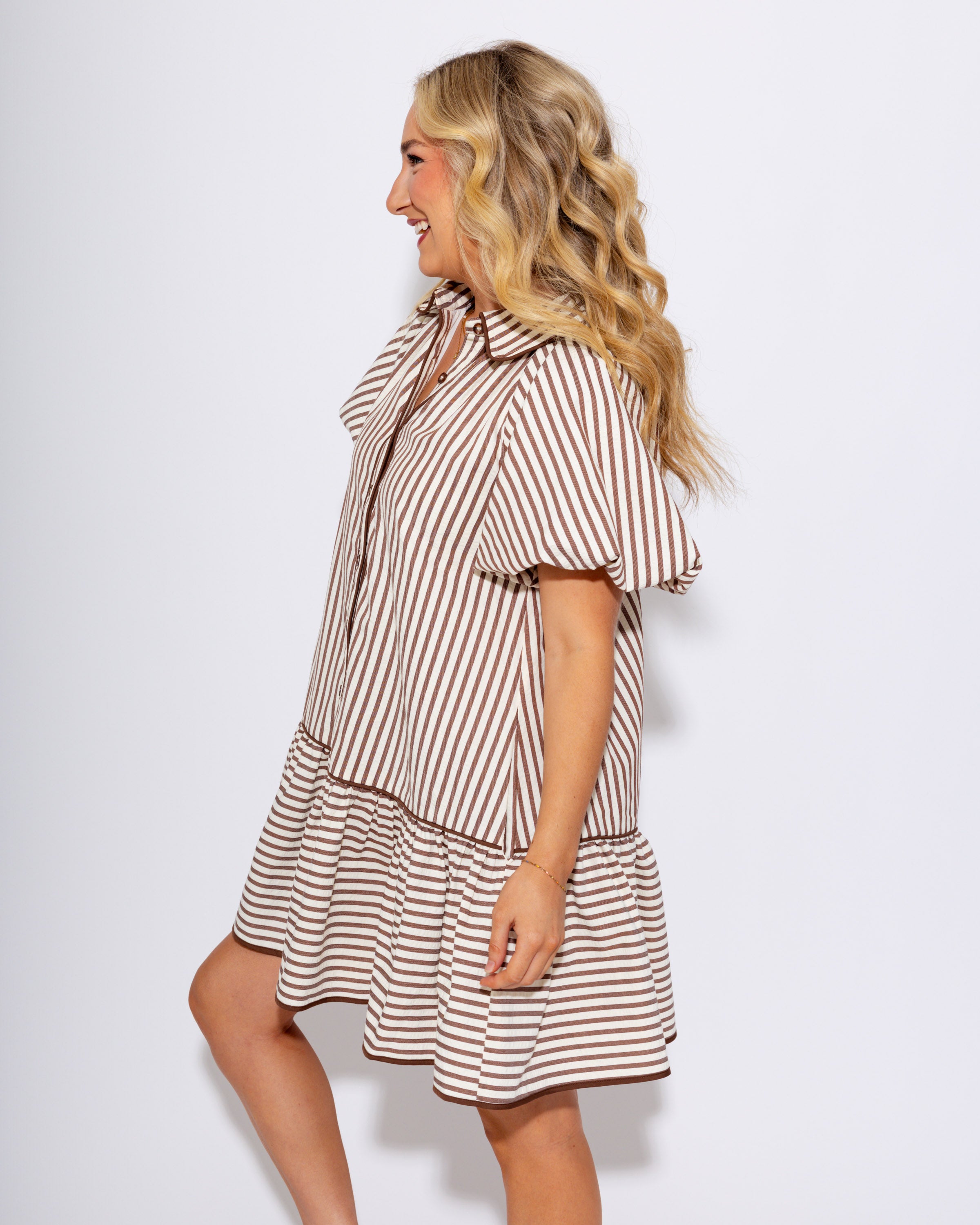 Brown Striped Bubble Sleeve Mini Dress