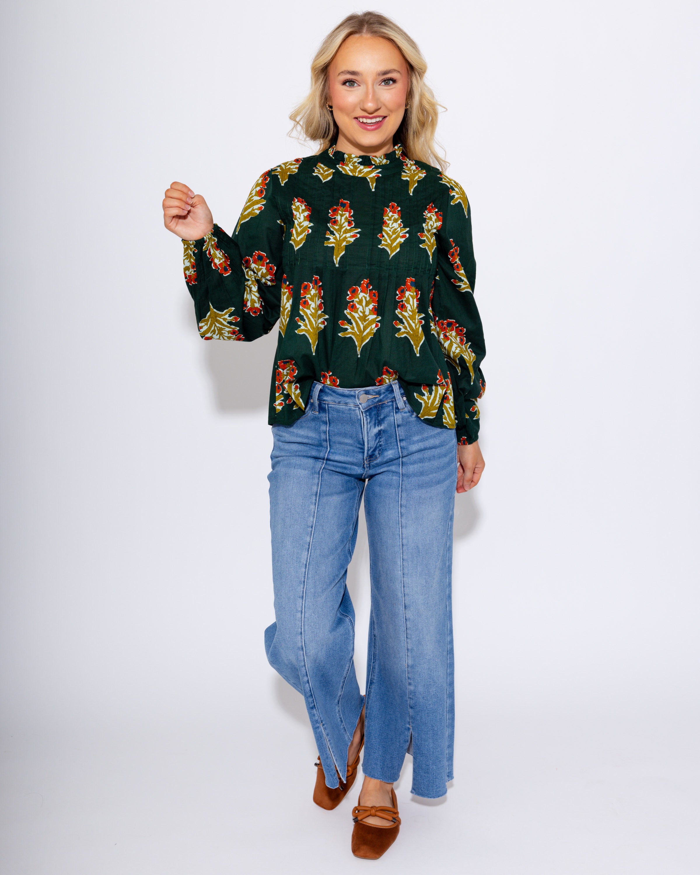 Petal Pop Long Sleeve Top in Green