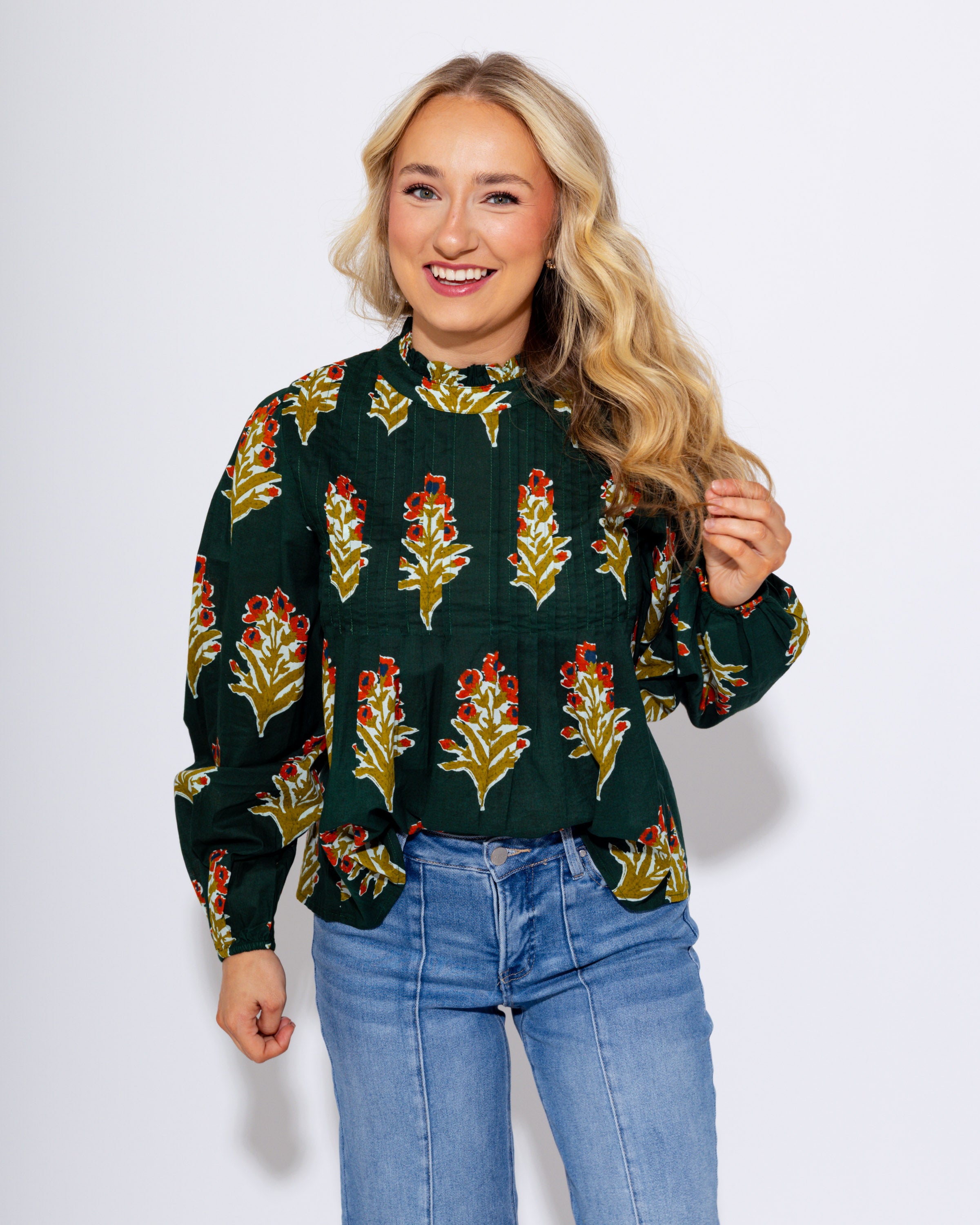 Petal Pop Long Sleeve Top in Green