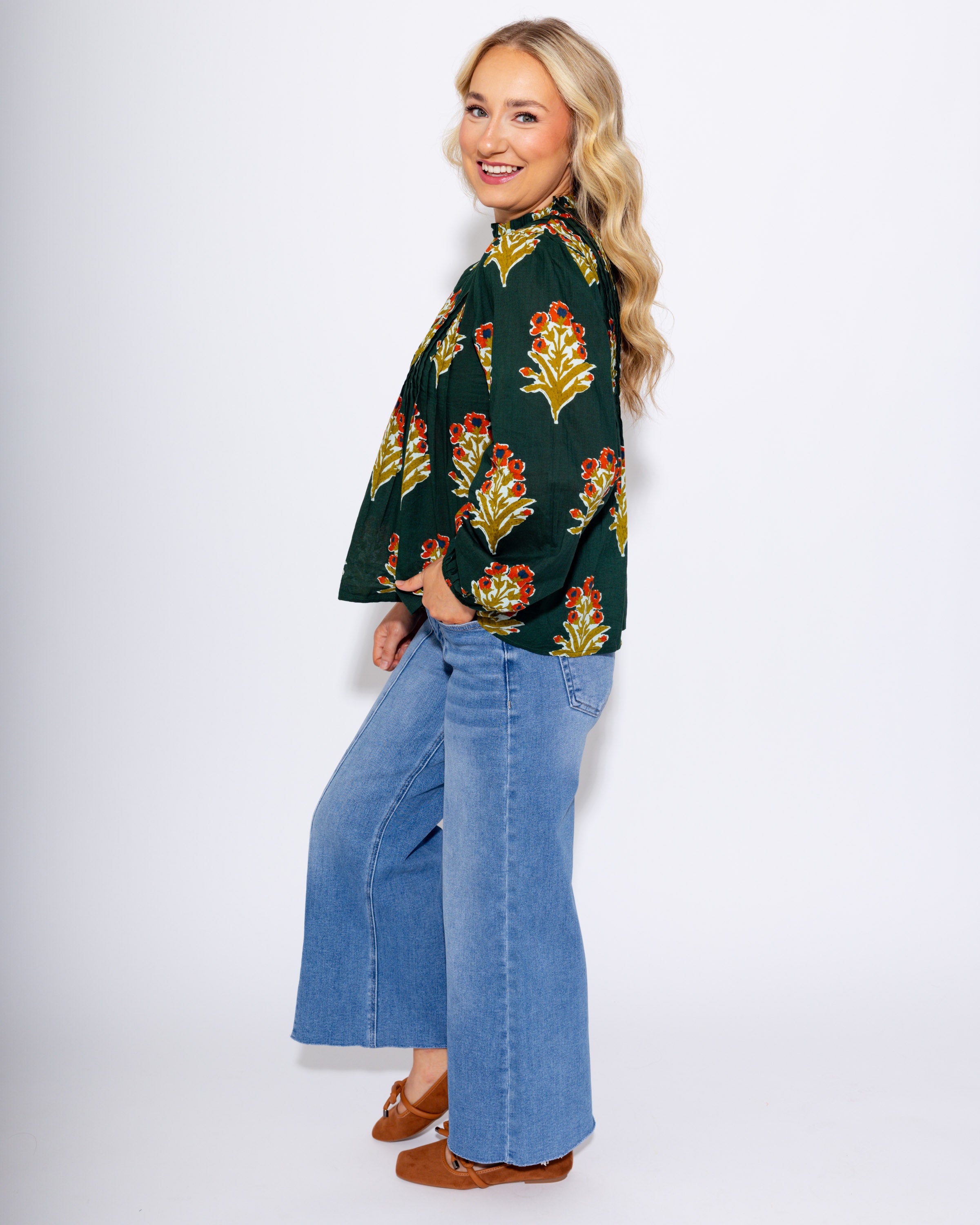Petal Pop Long Sleeve Top in Green