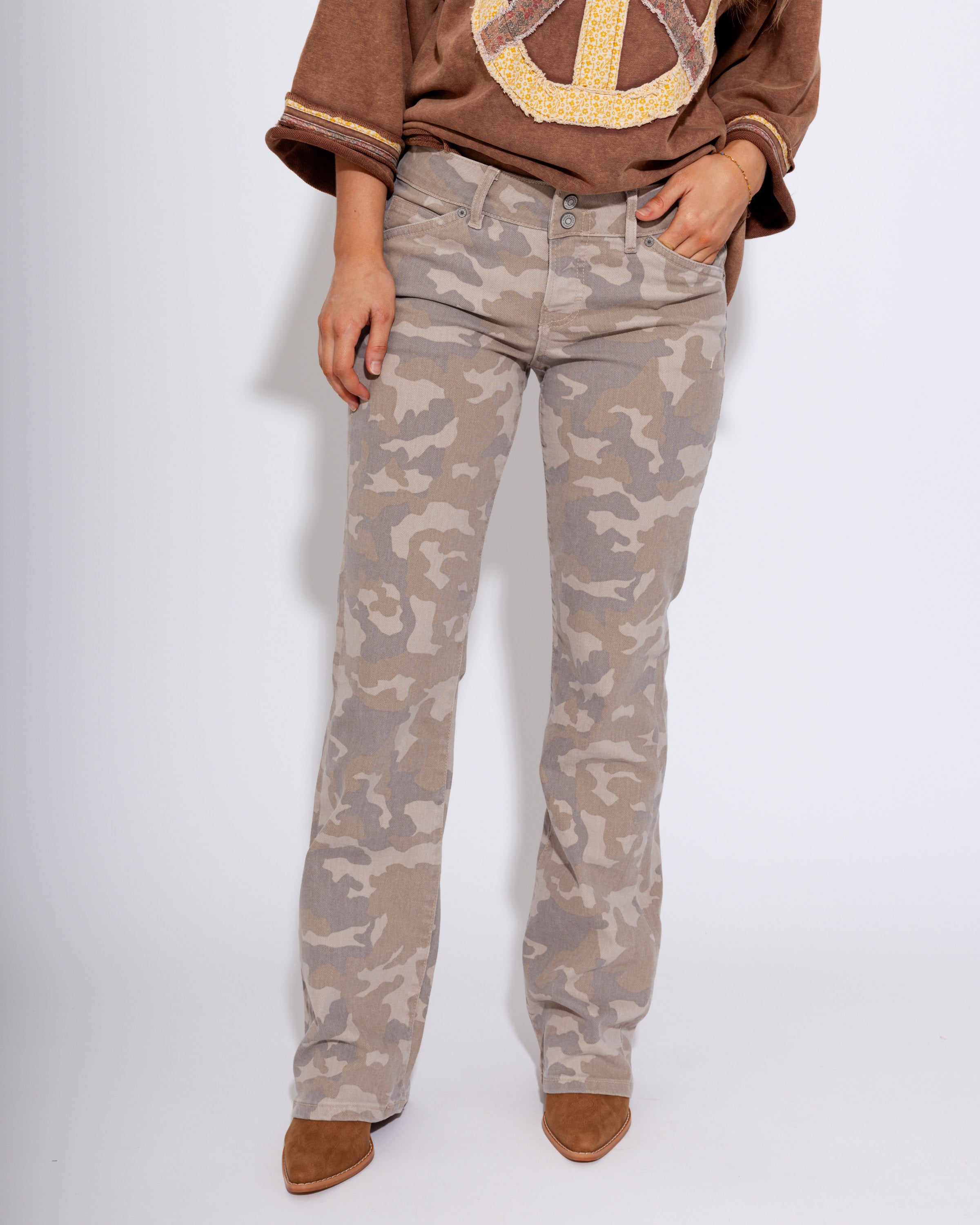 The Tan Camo Dual-Waist Bootcut Jean