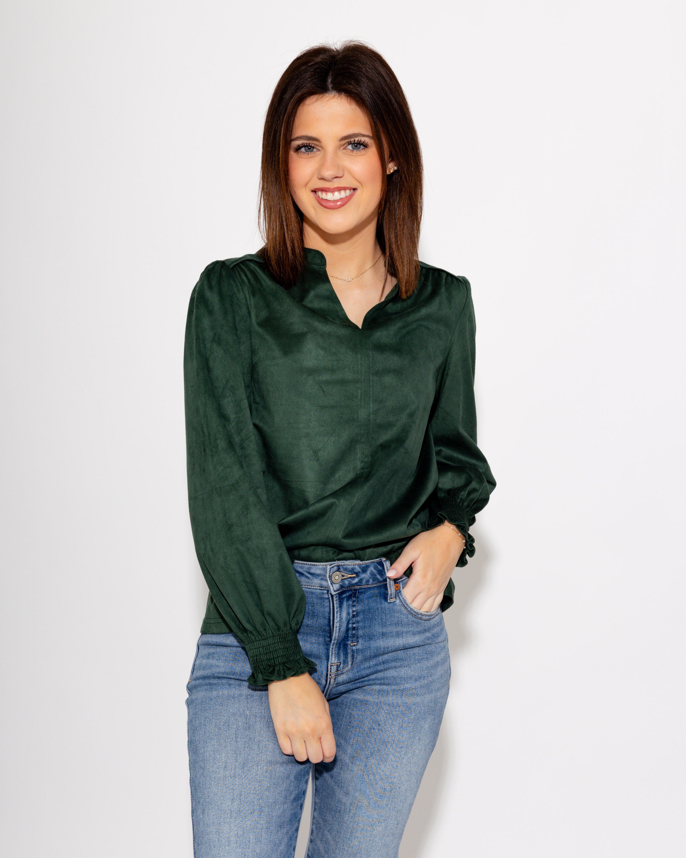 Ivy Jane | Long Sleeve Suede Top in Hunter