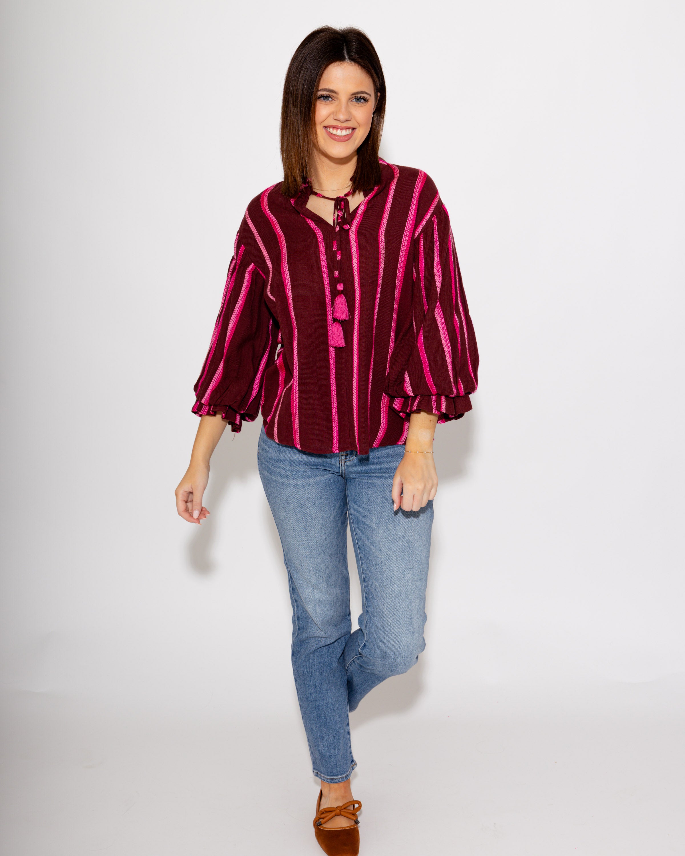 Balloon Sleeve Stripe Top in Wine
