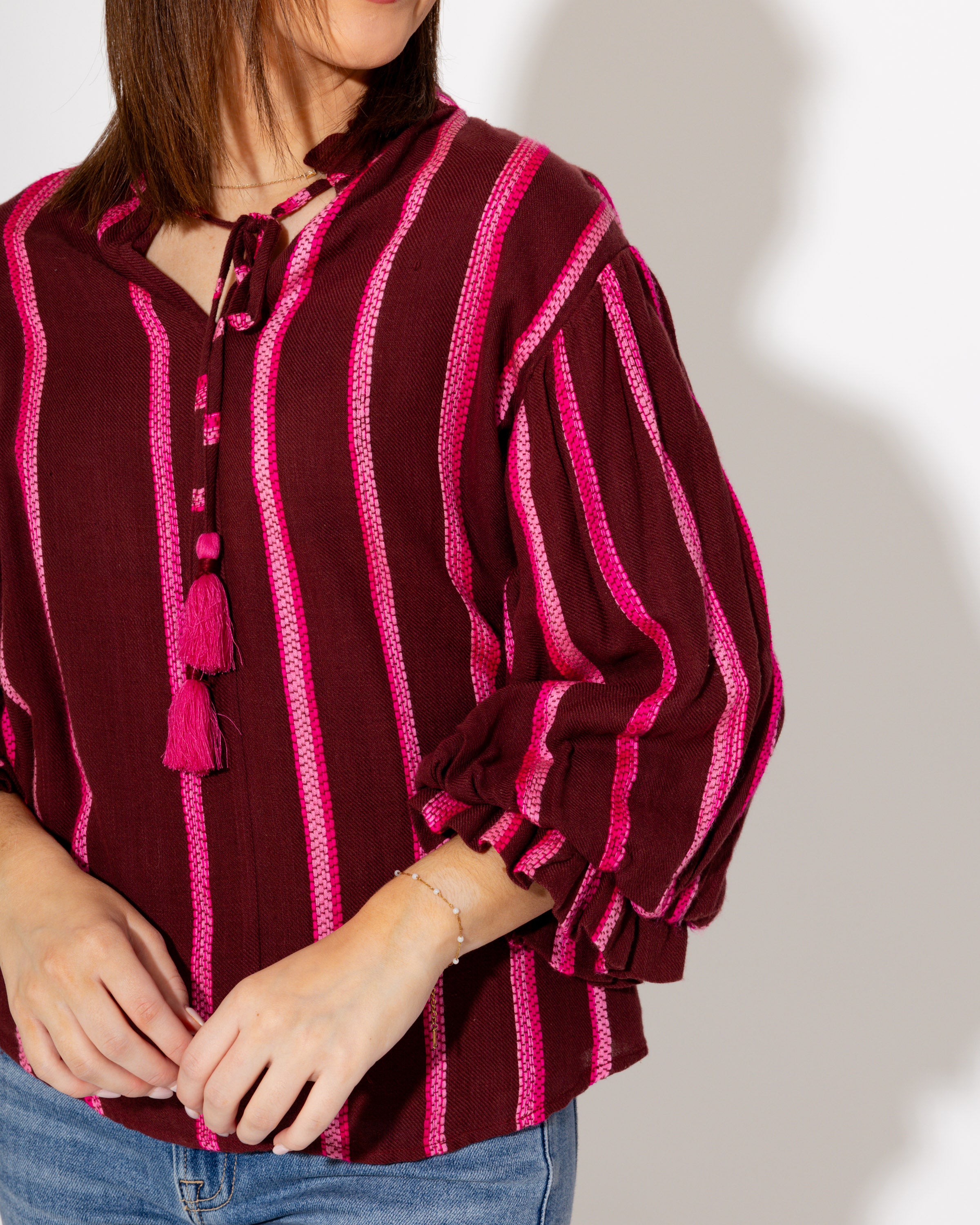 Balloon Sleeve Stripe Top in Wine